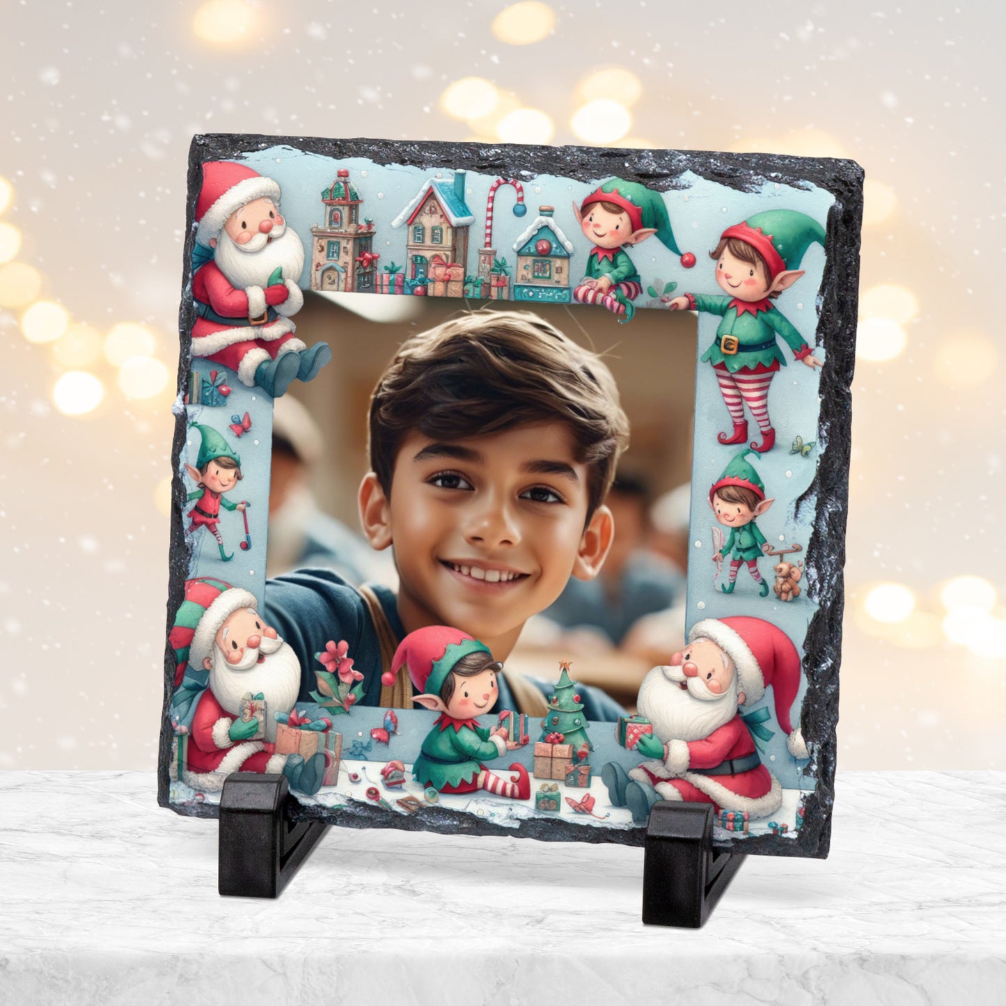 CUSTOM BLUE CHRISTMAS PHOTO SLATE 19CM x 19CM