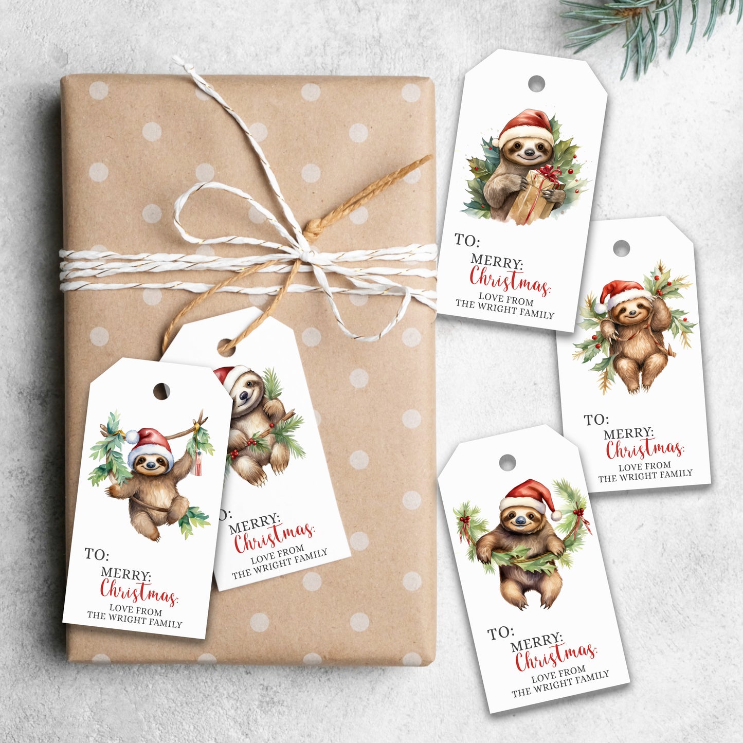 PERSONALISED PK10 CUTE SLOTH CHRISTMAS TAGS T035