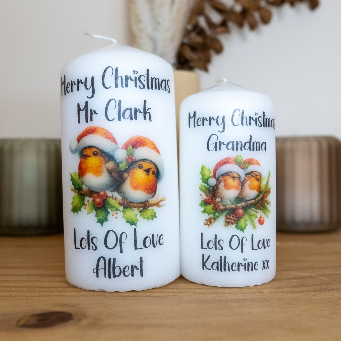 PERSONALISED ROBIN CHRISTMAS CANDLE (6 DESIGNS) P039