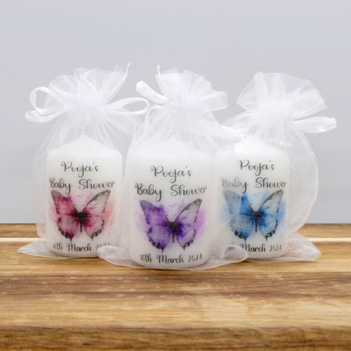 PERSONALISED PK10 BUTTERFLY BABY SHOWER 6CM FAVOUR CANDLES M009