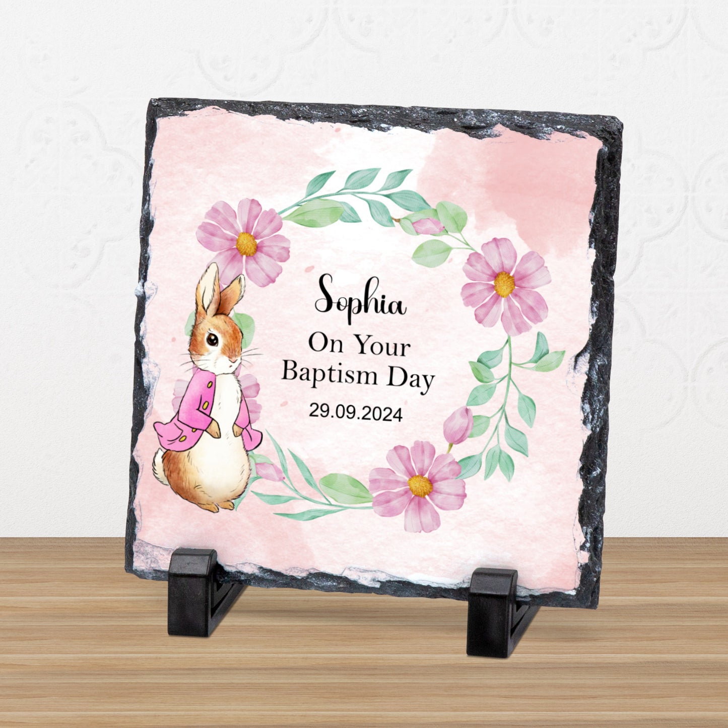 PERSONALISED BLUE OR PINK RABBIT CHRISTENING SLATE SL025