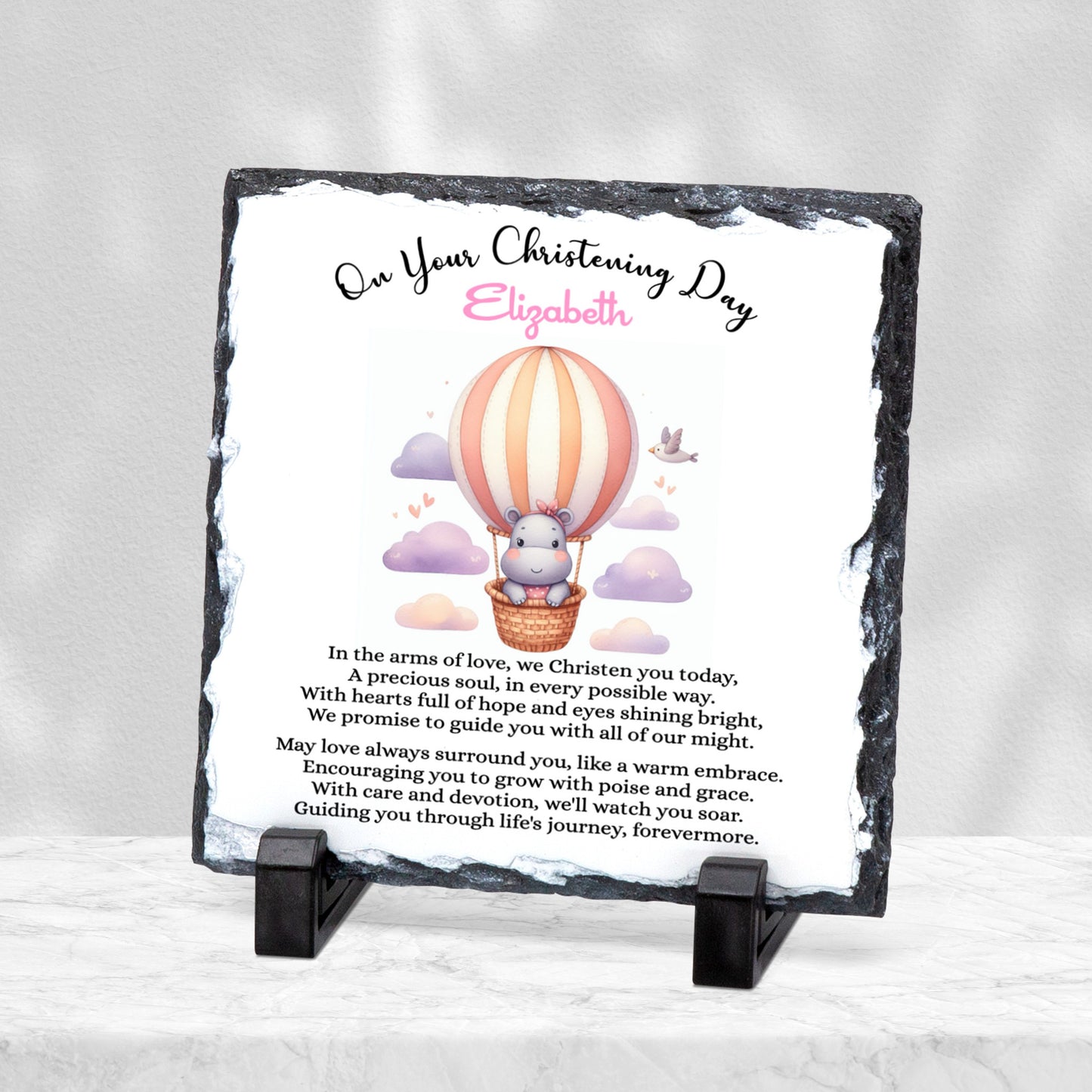 PERSONALISED PINK HIPPO CHRISTENING SLATE SL034