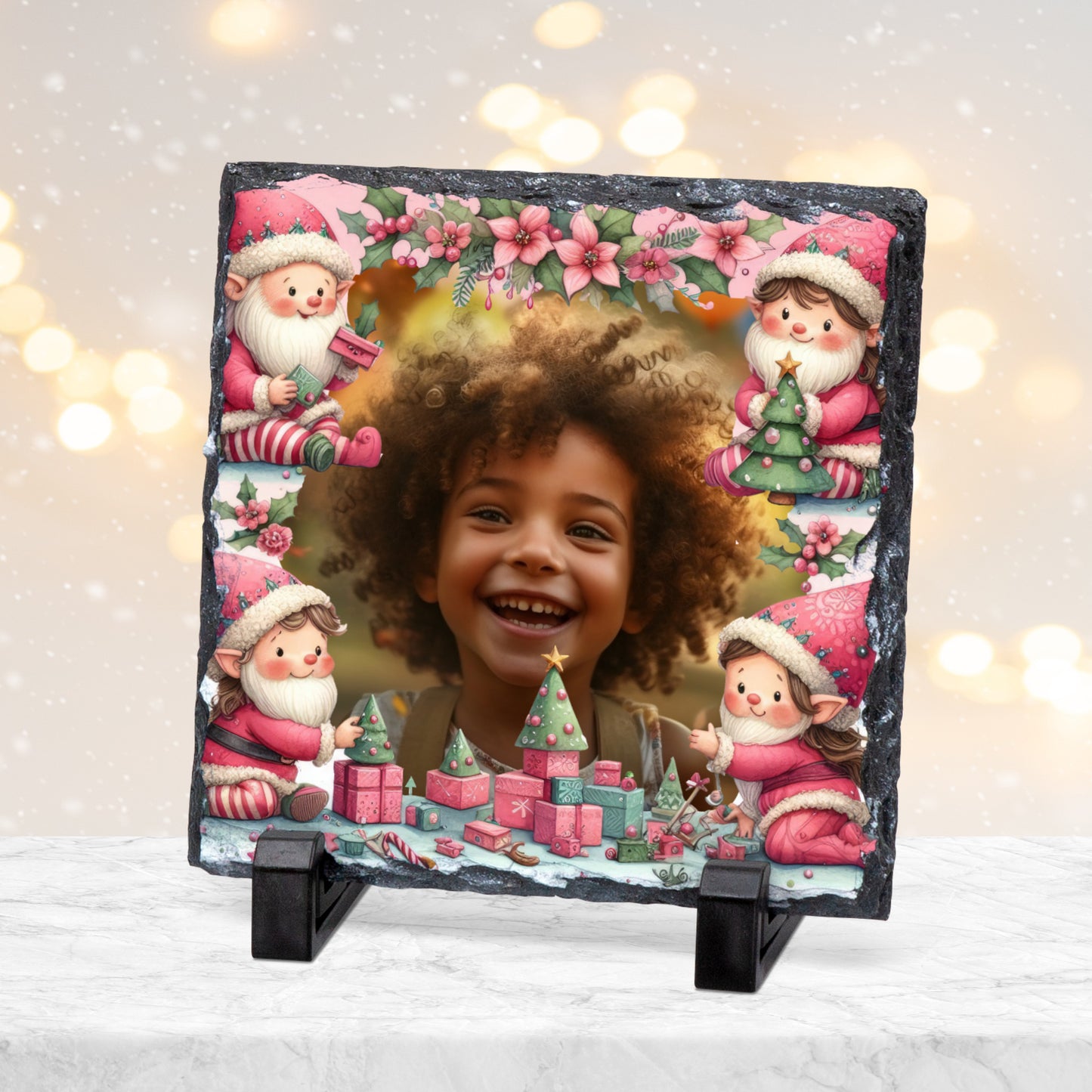 CUSTOM PINK CHRISTMAS PHOTO SLATE 19CM x 19CM