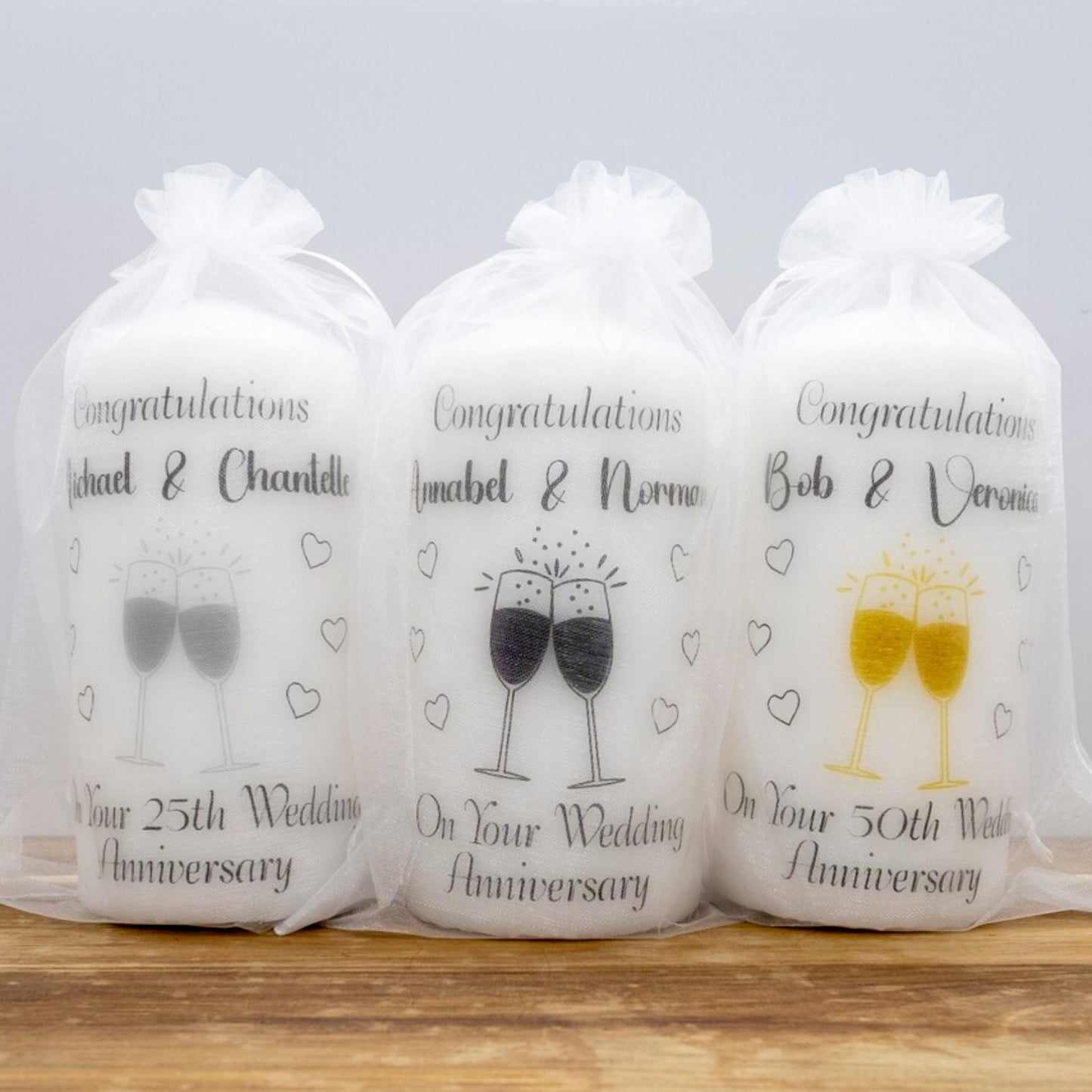 PERSONALISED CHAMPAGNE GLASSES ANNIVERSARY PILLAR CANDLE P006