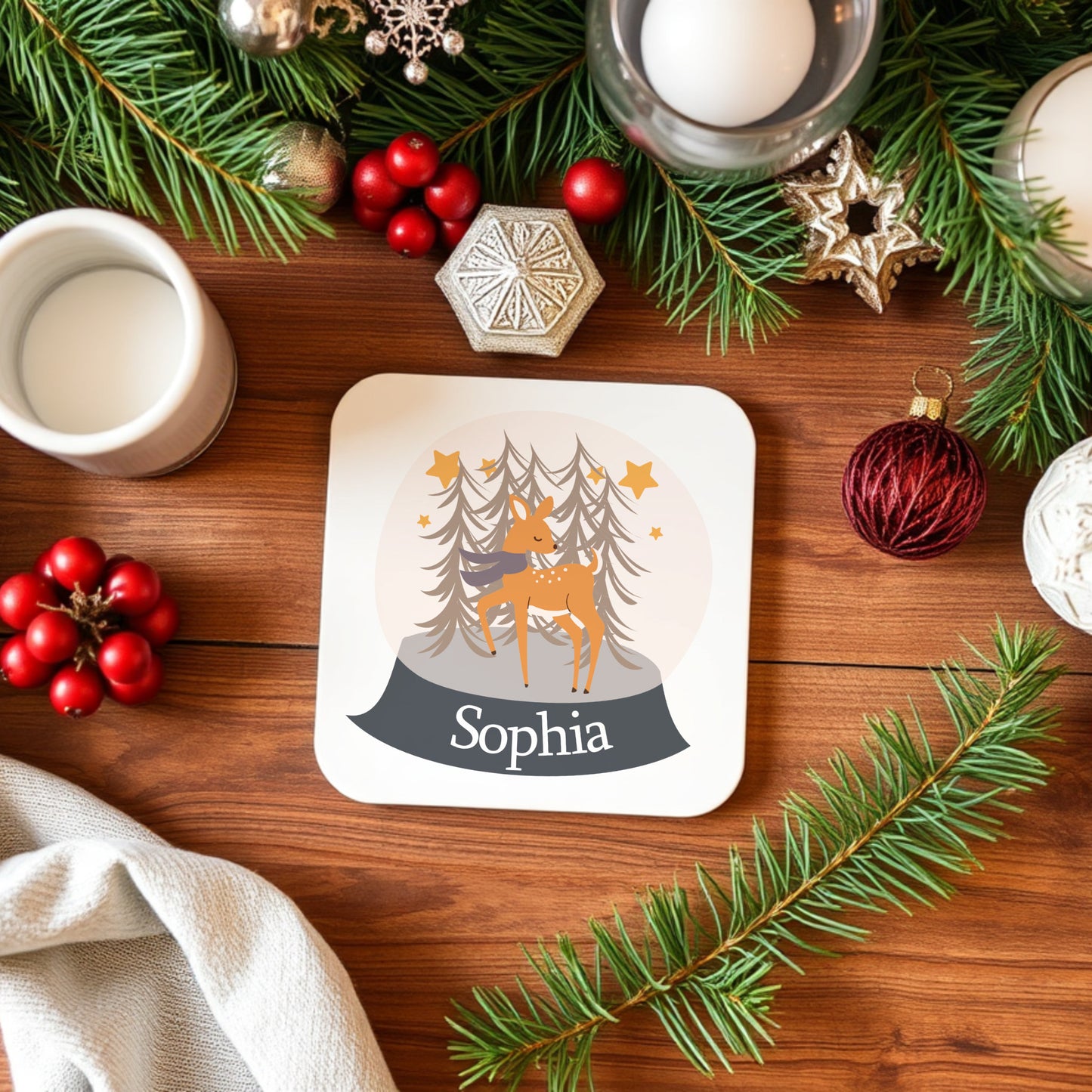 PERSONALISED CHRISTMAS SNOW GLOBE DEER COASTER MG004