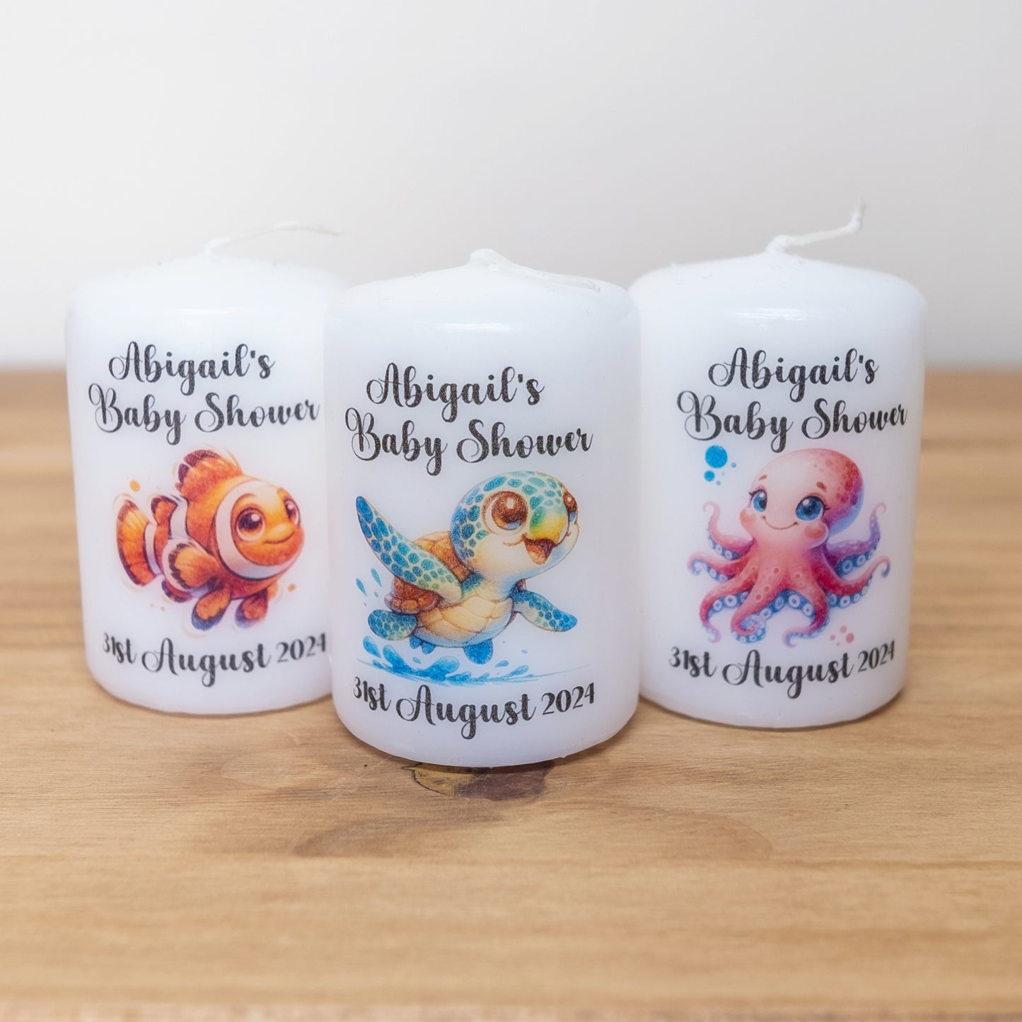 PERSONALISED 6CM "UNDER THE SEA" BABY SHOWER CANDLE FAVOURS PK10 M024