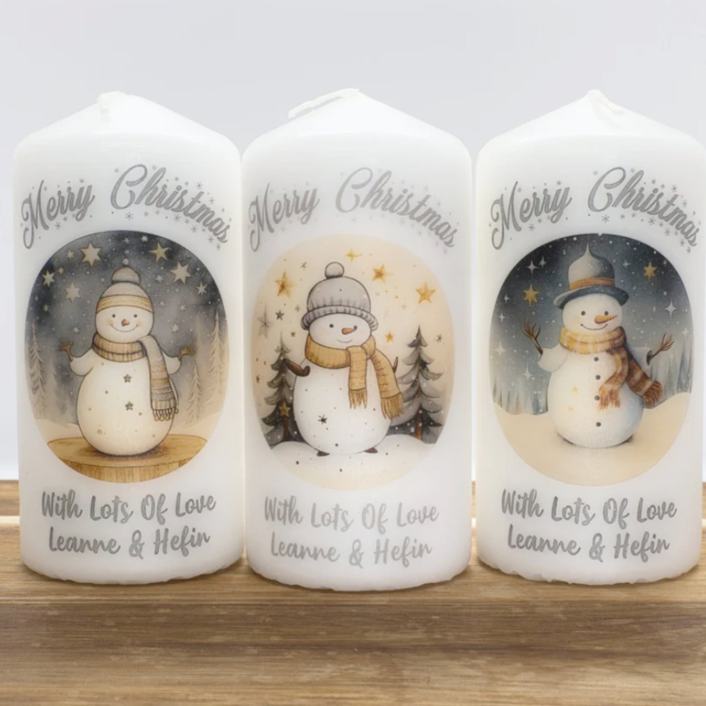 PERSONALISED SILVER TRADITIONAL SNOWMAN CHRISTMAS CANDLE P030