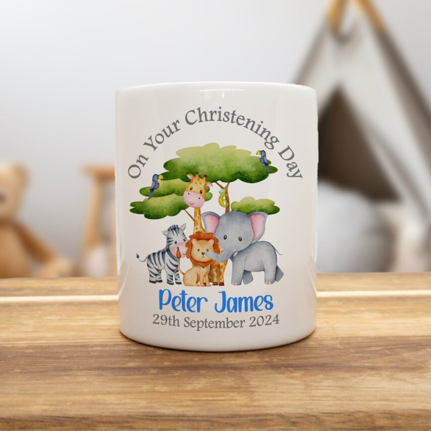 PERSONALISED JUNGLE ANIMALS CHRISTENING CERAMIC MONEY BOX KEEPSAKE, BLUE MB005
