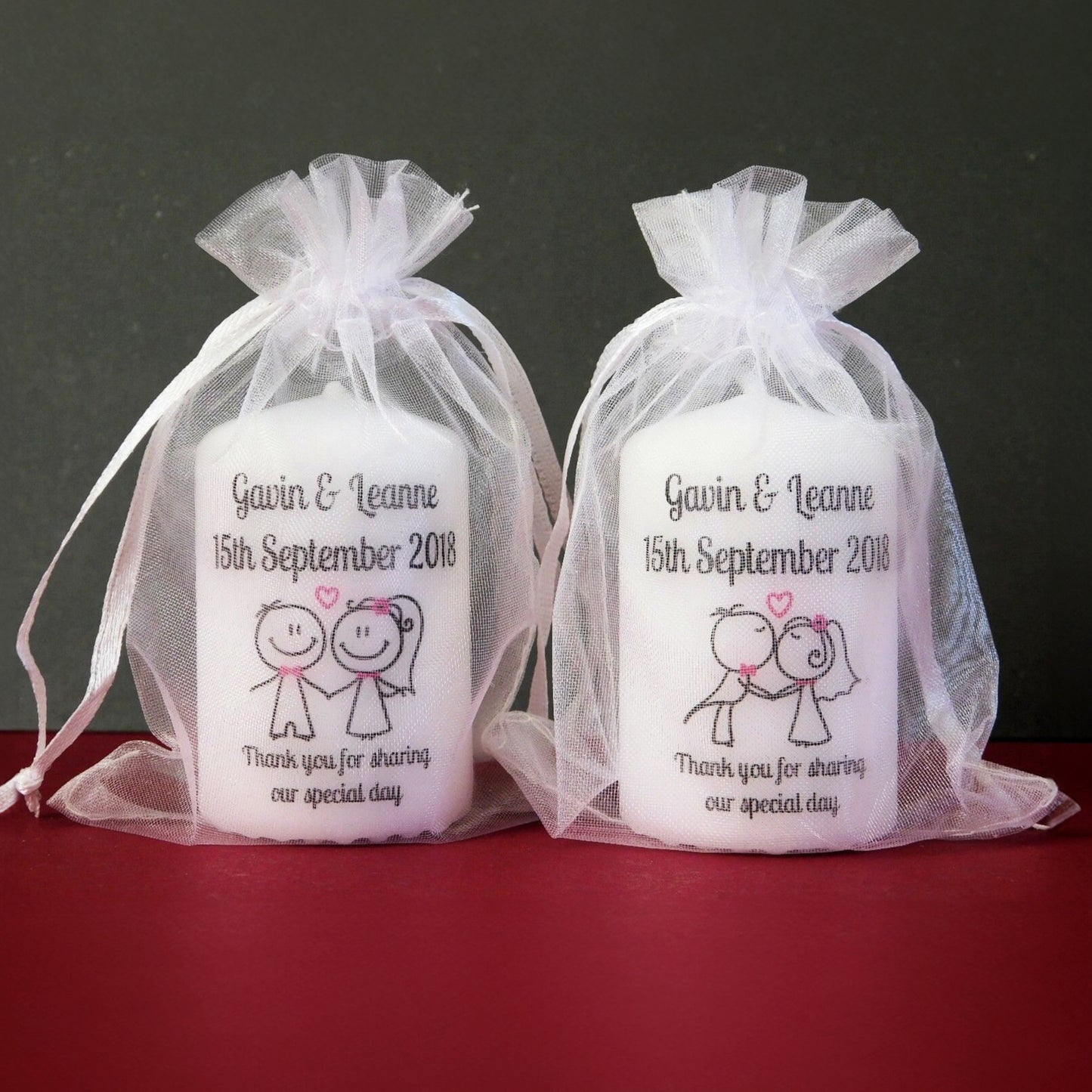 PERSONALISED 6CM CUTE COUPLE WEDDING FAVOUR CANDLES PK10 M026