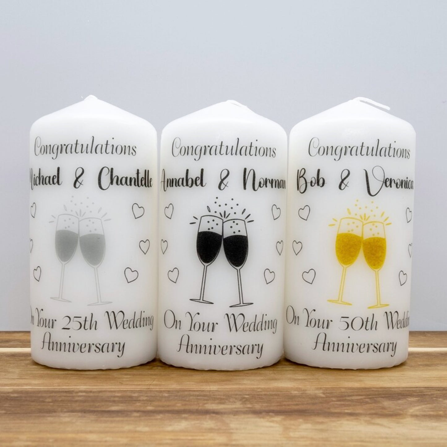 PERSONALISED CHAMPAGNE GLASSES ANNIVERSARY PILLAR CANDLE P006
