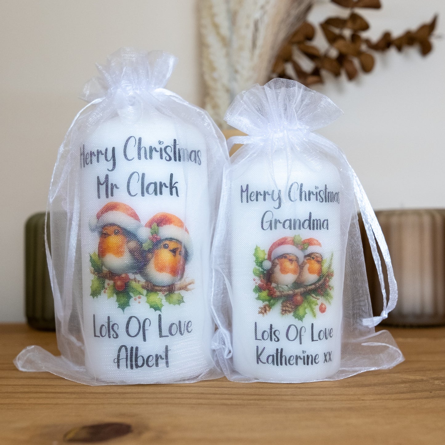 PERSONALISED ROBIN CHRISTMAS CANDLE (6 DESIGNS) P039