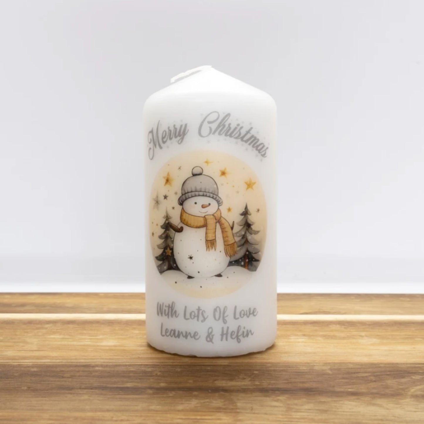 PERSONALISED SILVER TRADITIONAL SNOWMAN CHRISTMAS CANDLE P030
