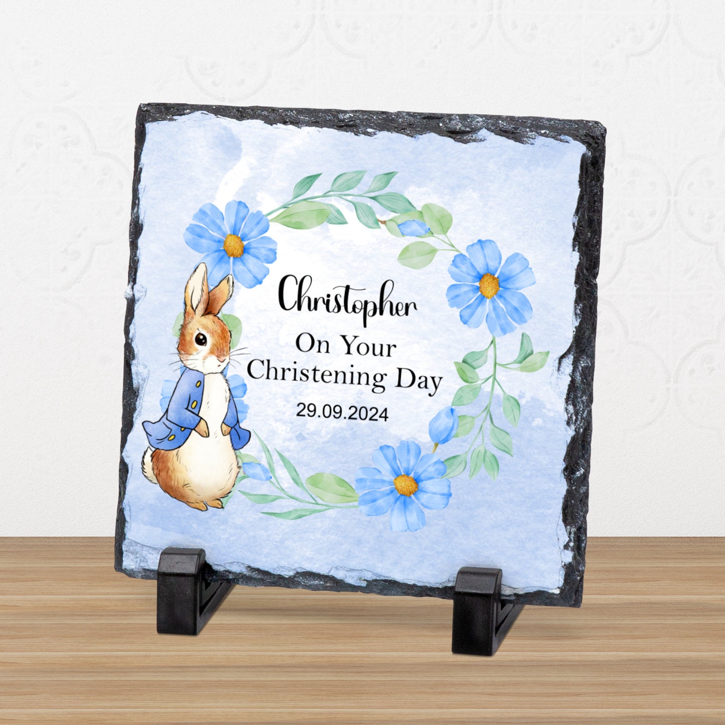 PERSONALISED BLUE OR PINK RABBIT CHRISTENING SLATE SL025