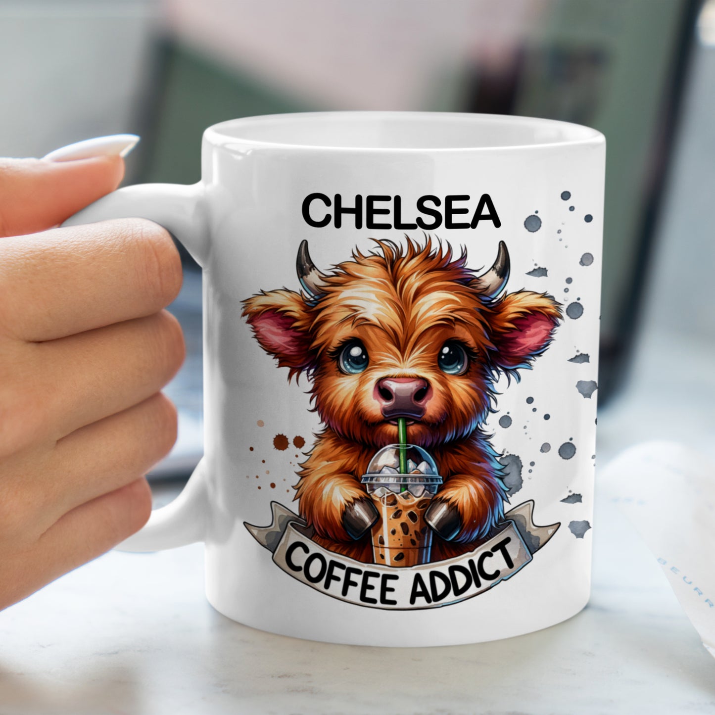 PERSONALISED "COFFEE ADDICT" HIGHLAND COW MUG - MG082