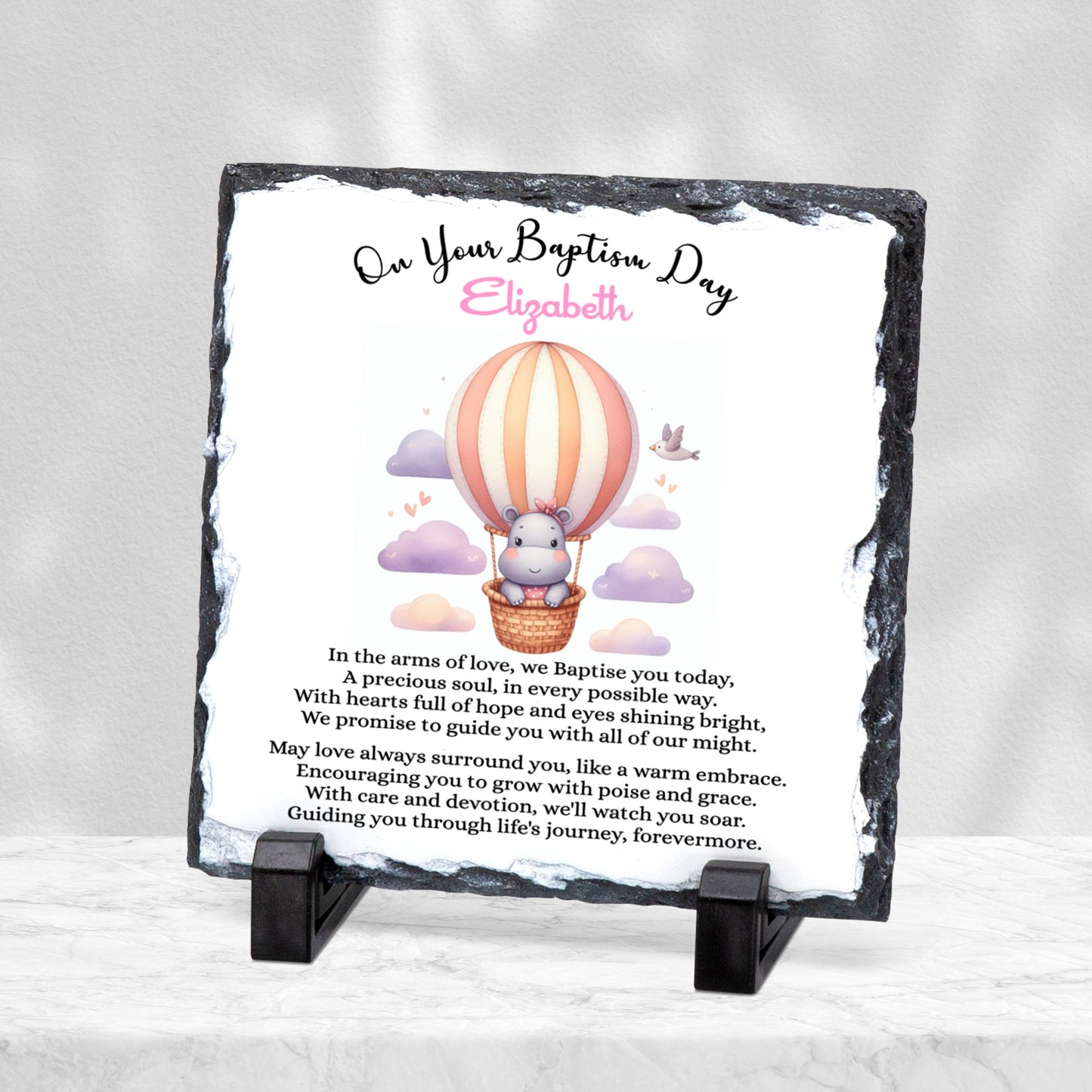 PERSONALISED PINK HIPPO CHRISTENING SLATE SL034