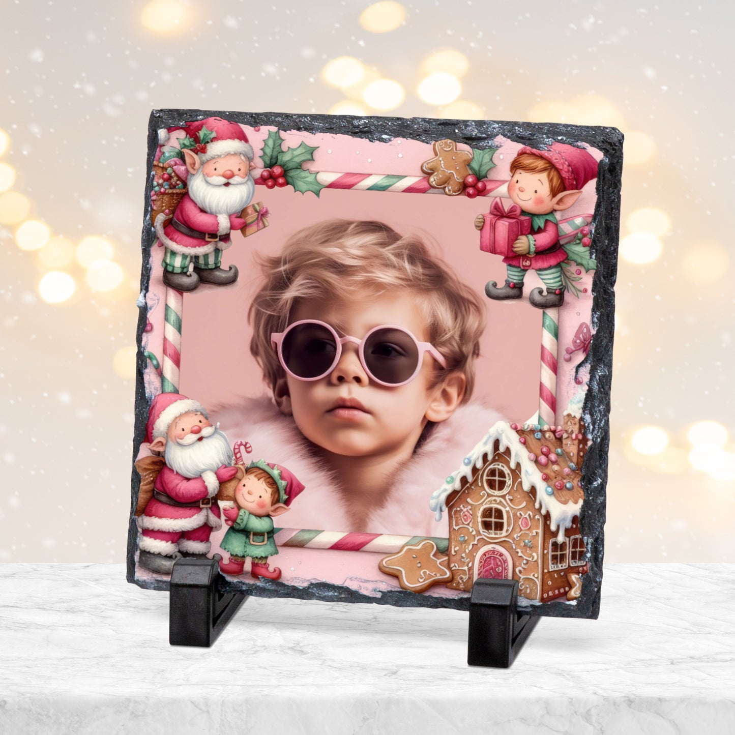 CUSTOM PINK CHRISTMAS PHOTO SLATE 19CM x 19CM