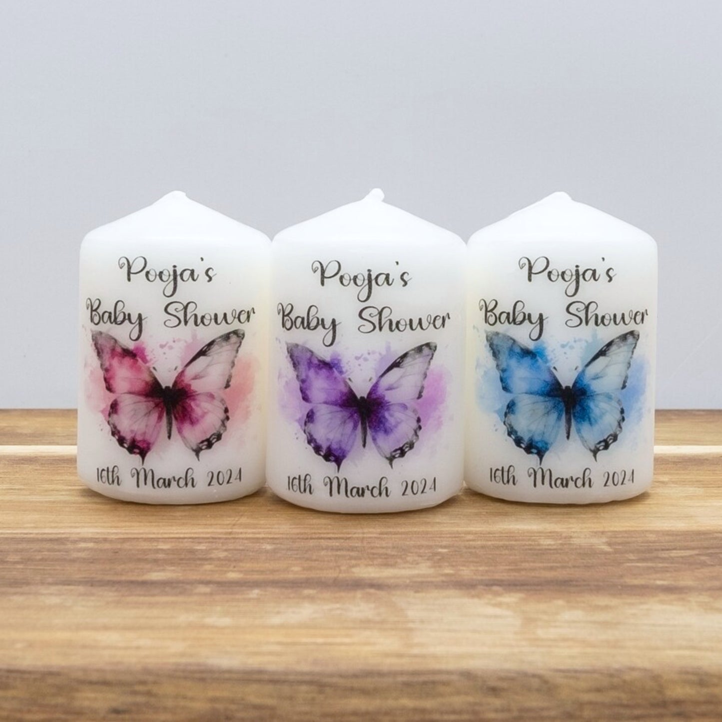 PERSONALISED PK10 BUTTERFLY BABY SHOWER 6CM FAVOUR CANDLES M009