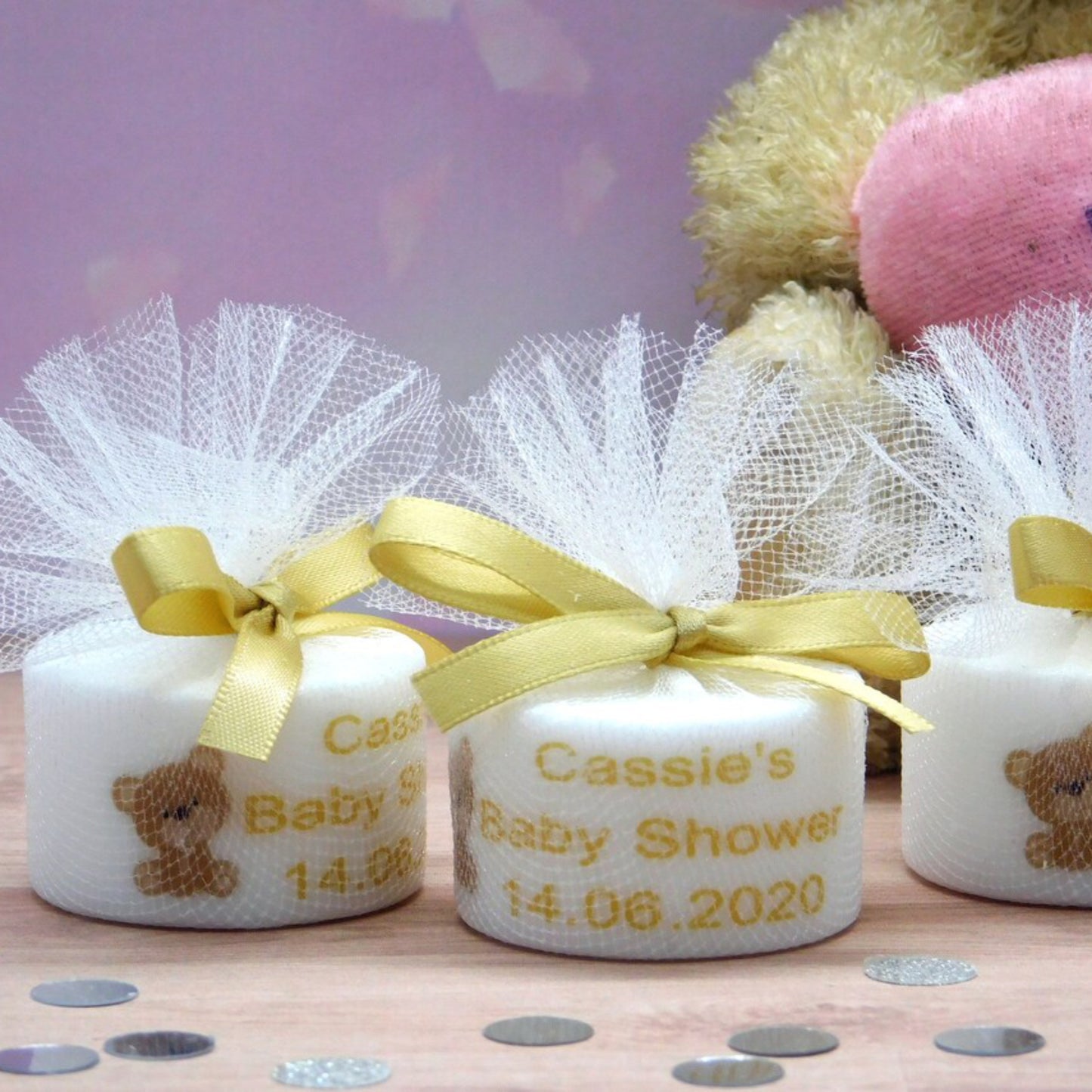 PERSONALISED PK10 TEDDY BEAR BABY SHOWER TEALIGHTS TL002