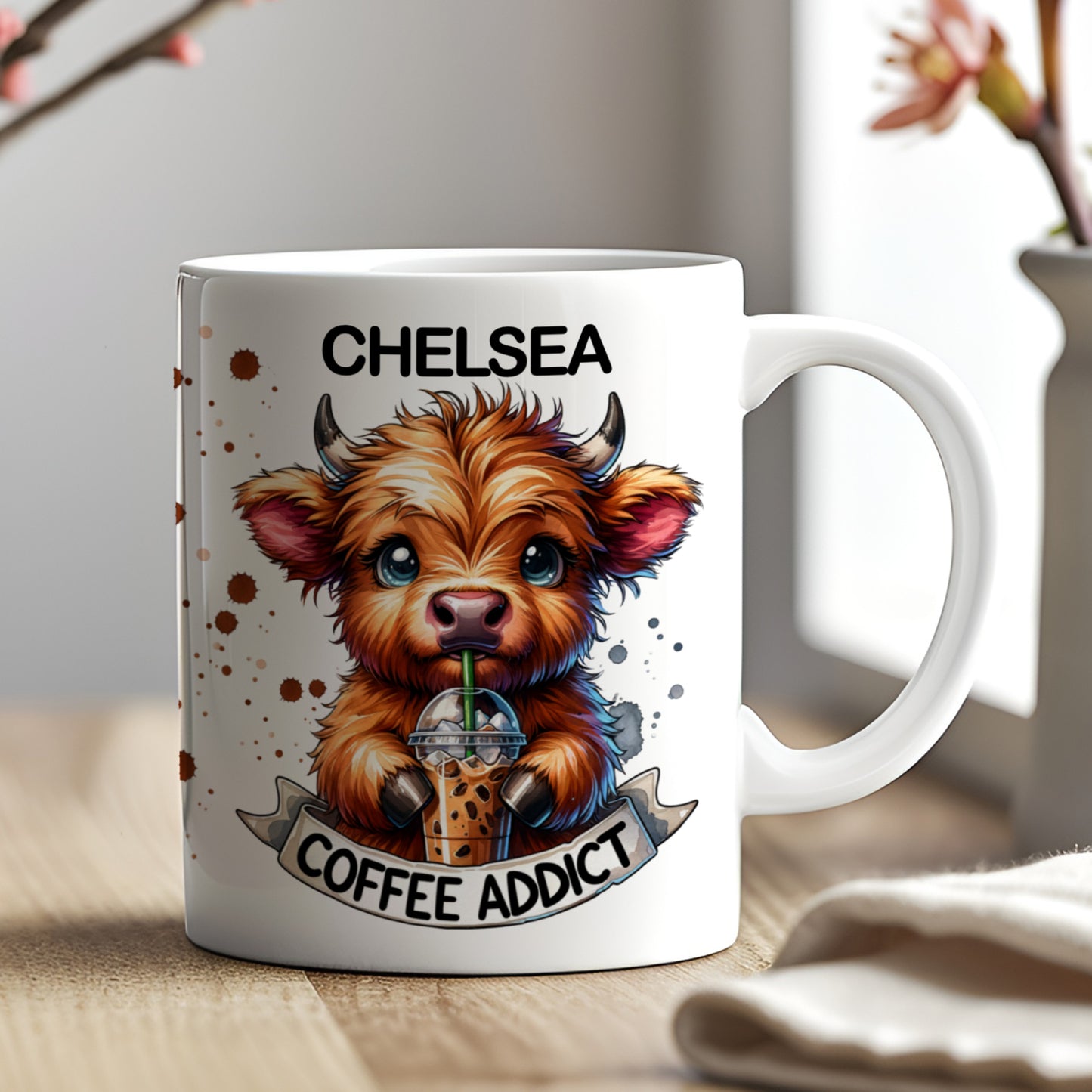 PERSONALISED "COFFEE ADDICT" HIGHLAND COW MUG - MG082