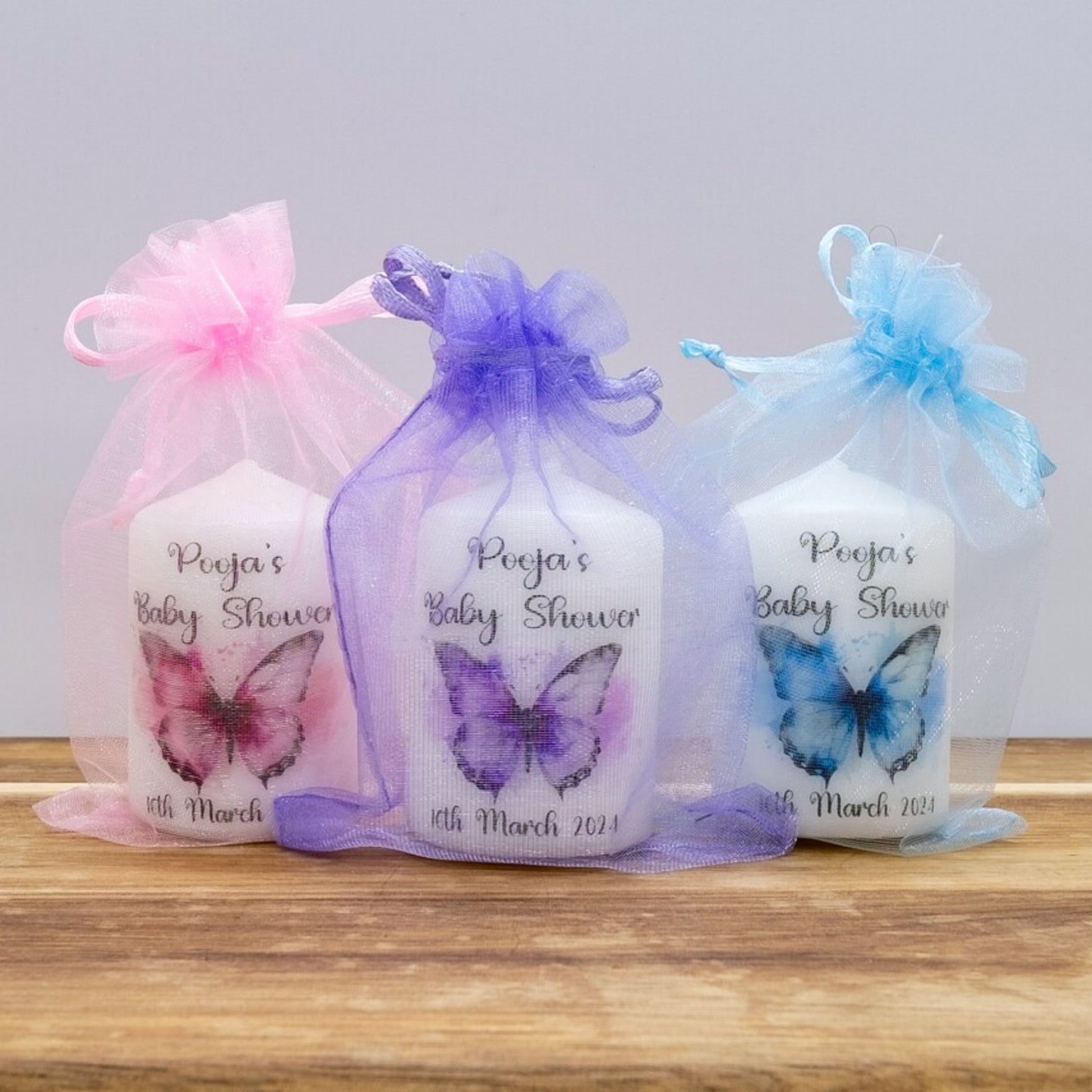 PERSONALISED PK10 BUTTERFLY BABY SHOWER 6CM FAVOUR CANDLES M009