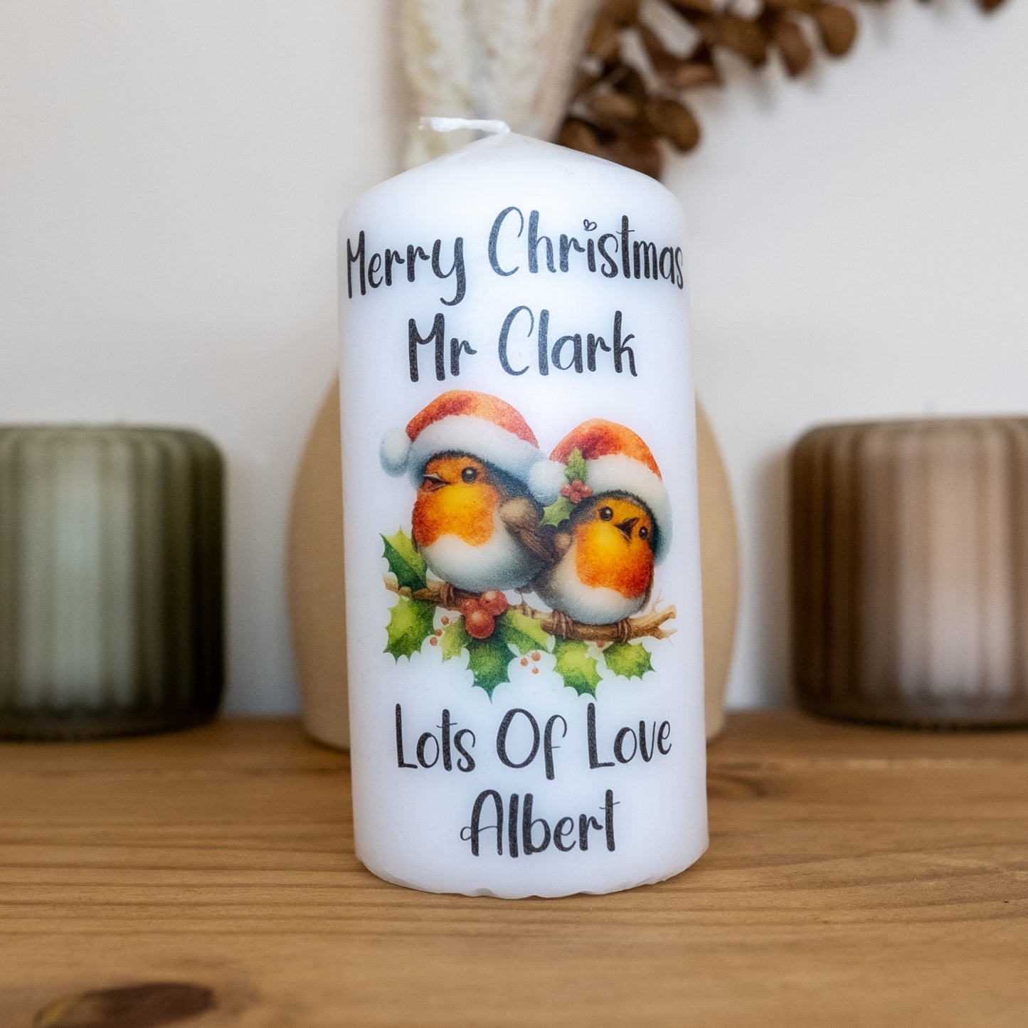 PERSONALISED ROBIN CHRISTMAS CANDLE (6 DESIGNS) P039