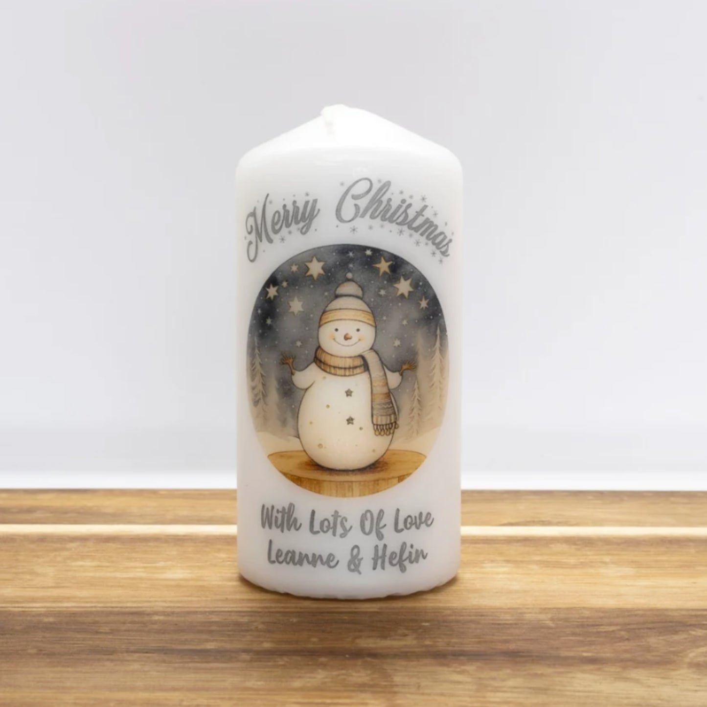 PERSONALISED SILVER TRADITIONAL SNOWMAN CHRISTMAS CANDLE P030