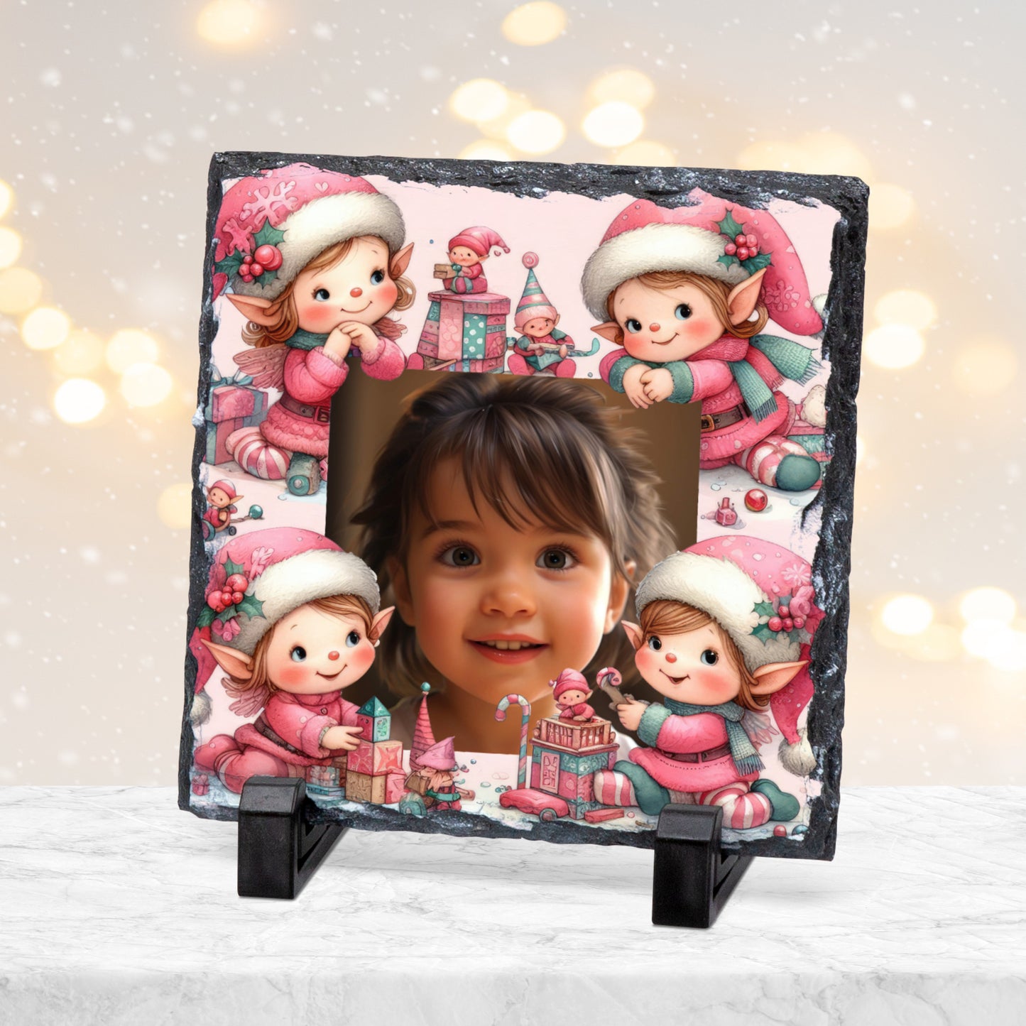 CUSTOM PINK CHRISTMAS PHOTO SLATE 19CM x 19CM