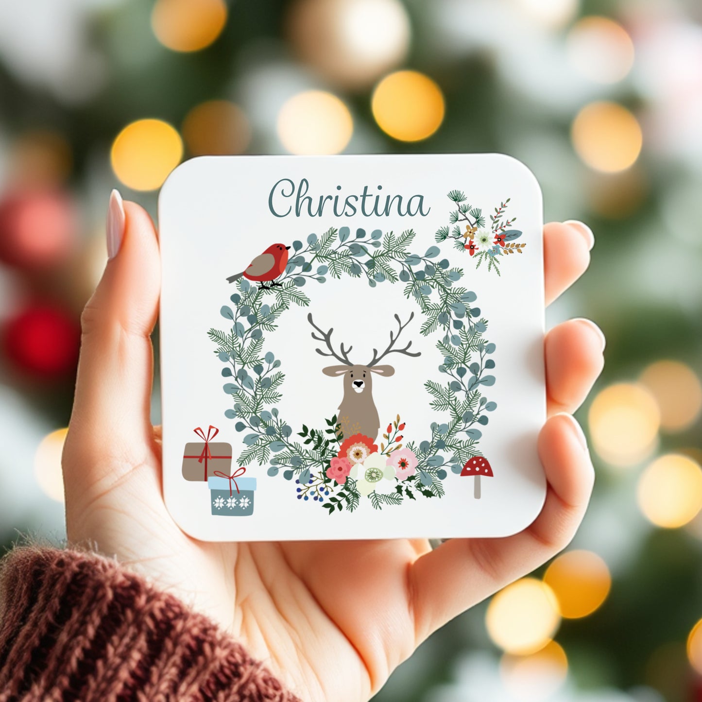 PERSONALISED WOODLAND CHRISTMAS COASTER