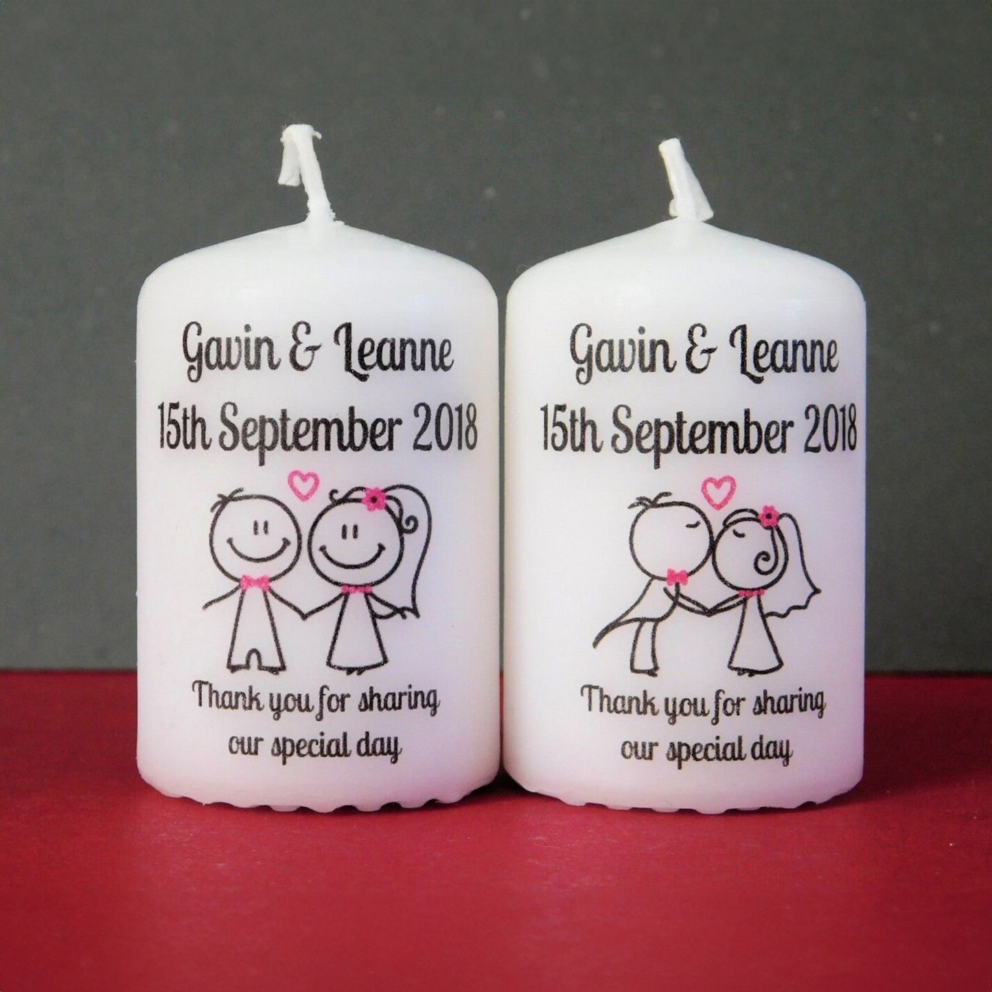 PERSONALISED 6CM CUTE COUPLE WEDDING FAVOUR CANDLES PK10 M026