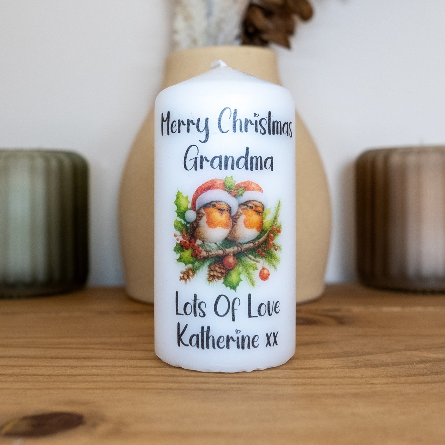 PERSONALISED ROBIN CHRISTMAS CANDLE (6 DESIGNS) P039