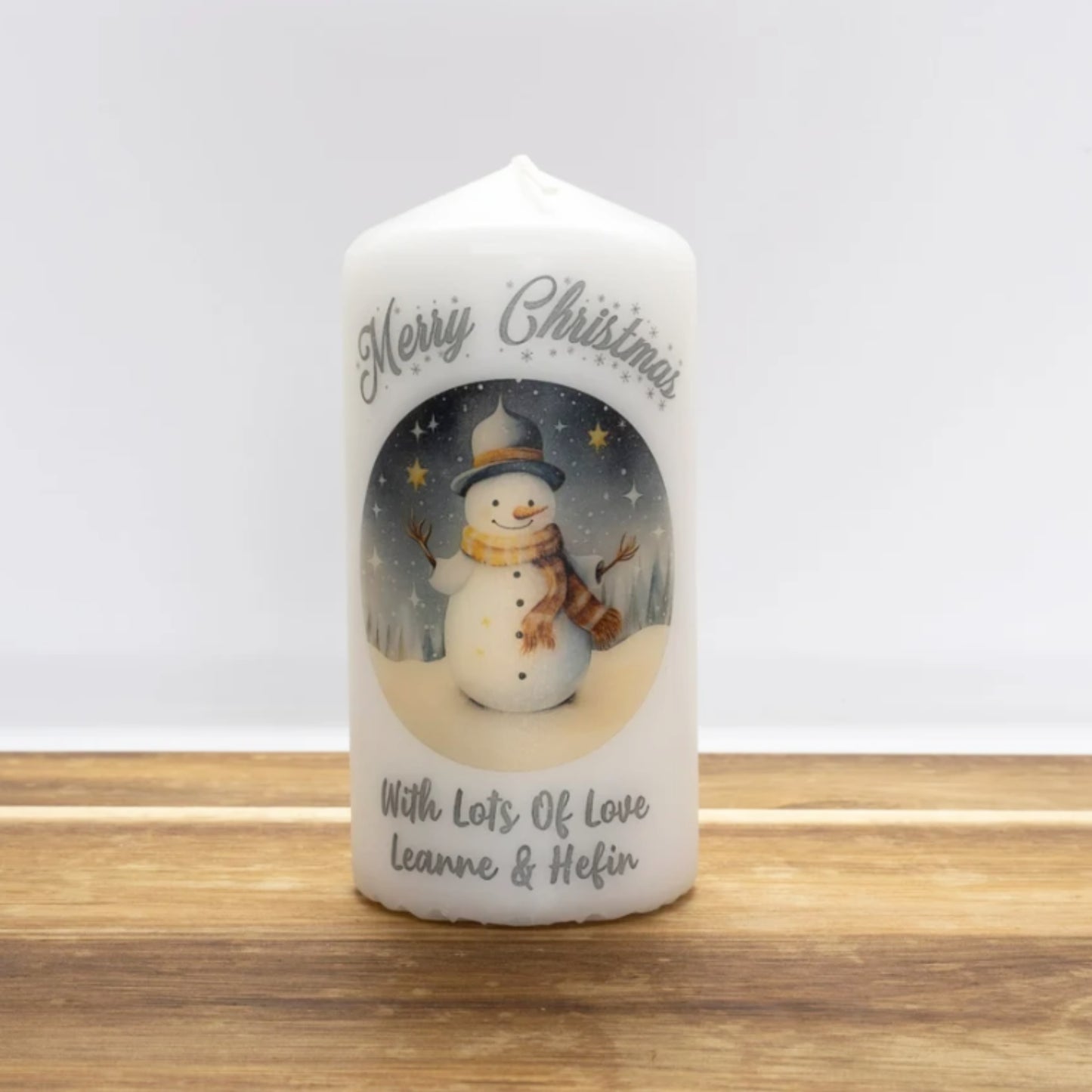 PERSONALISED SILVER TRADITIONAL SNOWMAN CHRISTMAS CANDLE P030