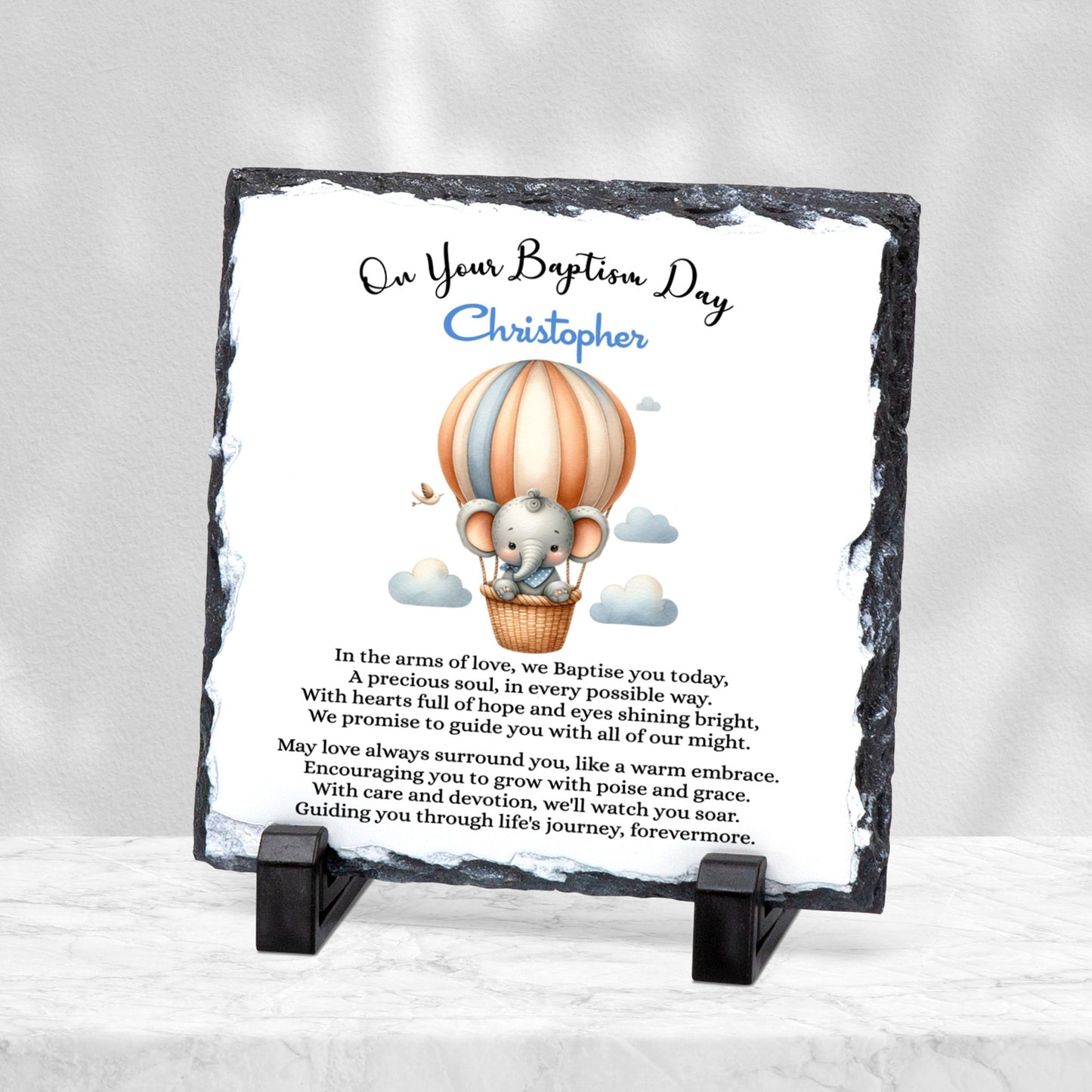 PERSONALISED BLUE ELEPHANT CHRISTENING SLATE SL034
