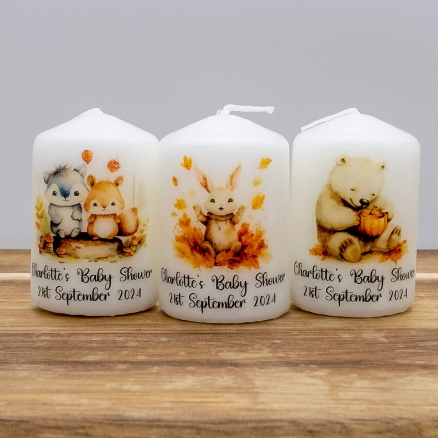 PERSONALISED 6CM RUSTIC WOODLAND ANIMALS CANDLE FAVOURS M006