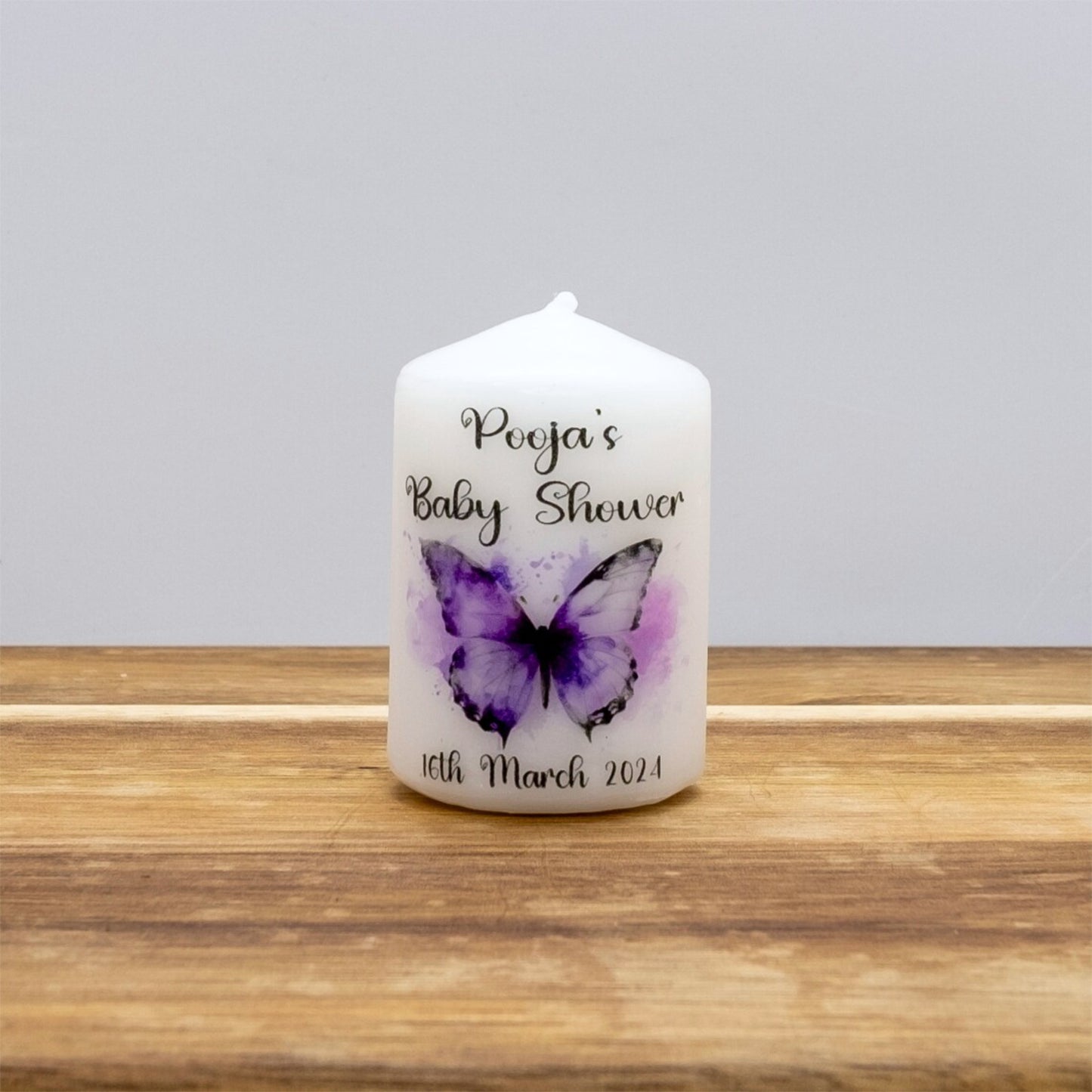 PERSONALISED PK10 BUTTERFLY BABY SHOWER 6CM FAVOUR CANDLES M009
