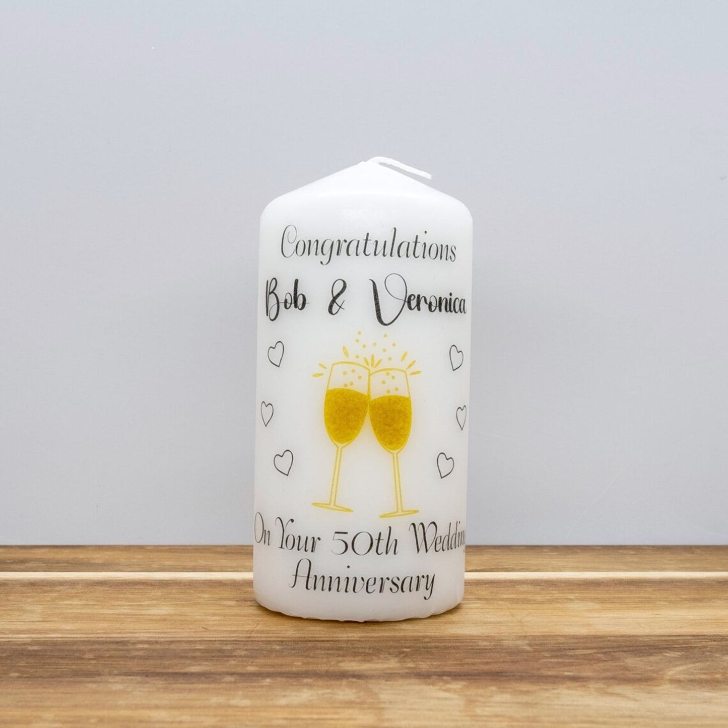 PERSONALISED CHAMPAGNE GLASSES ANNIVERSARY PILLAR CANDLE P006