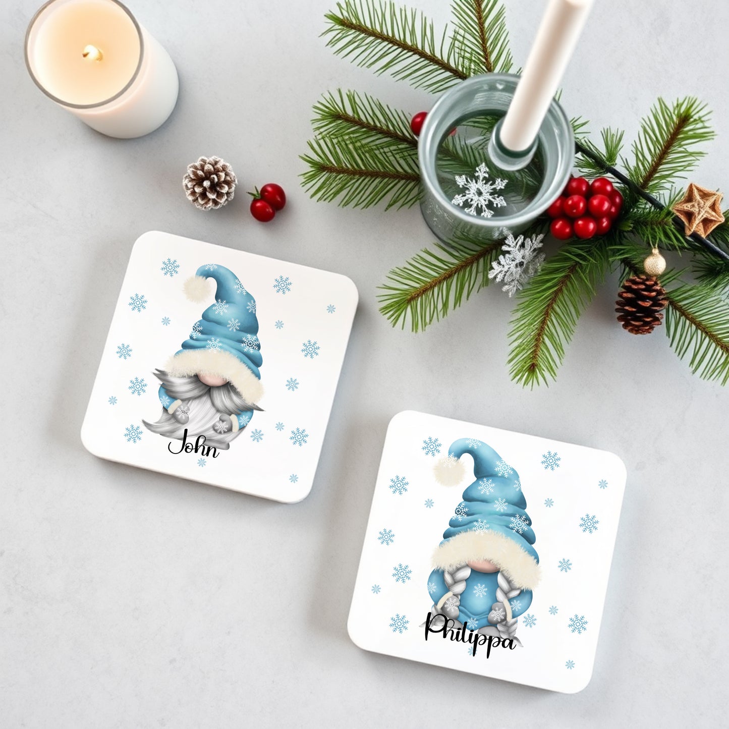 PERSONALISED BLUE GONK / GNOME CHRISTMAS COASTER