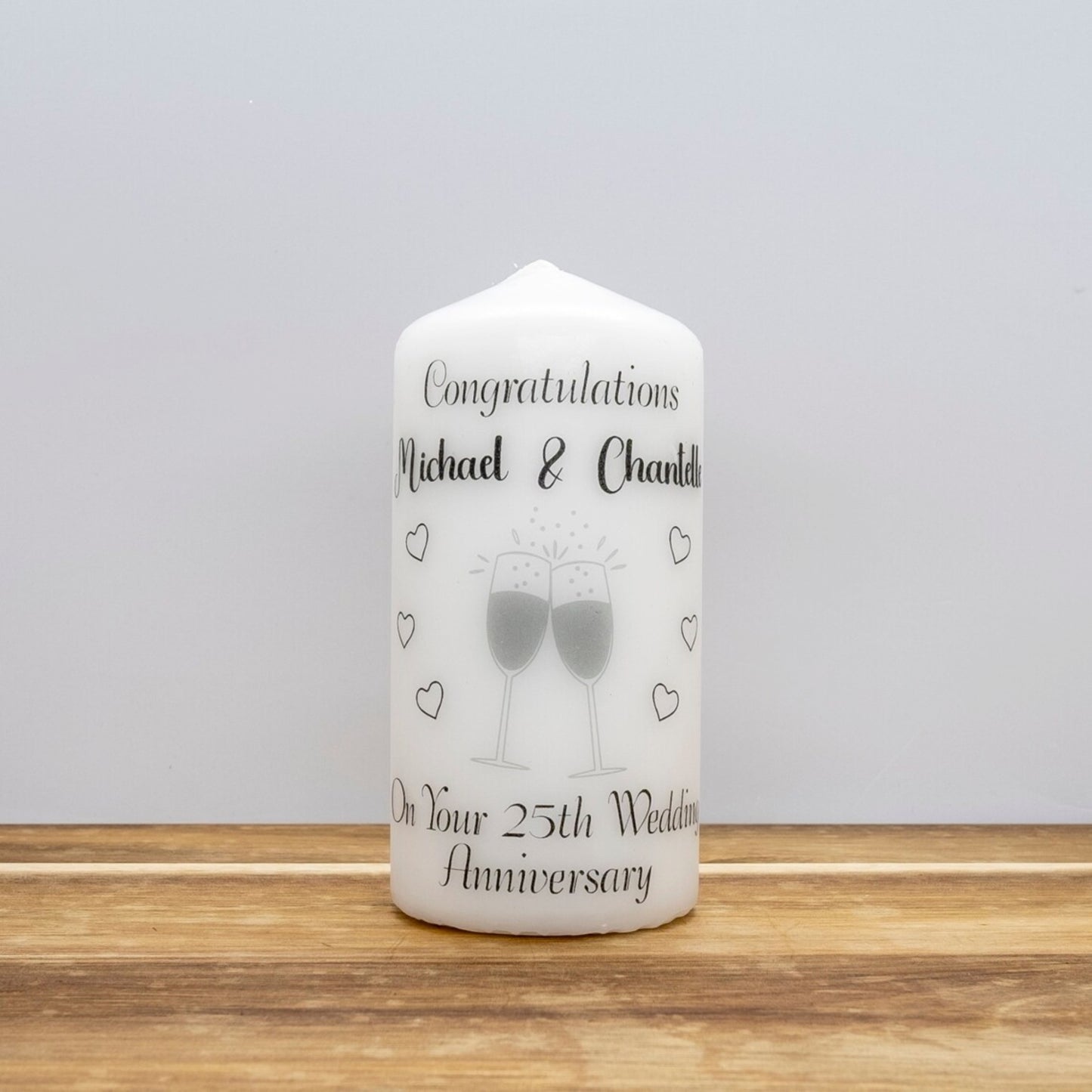 PERSONALISED CHAMPAGNE GLASSES ANNIVERSARY PILLAR CANDLE P006