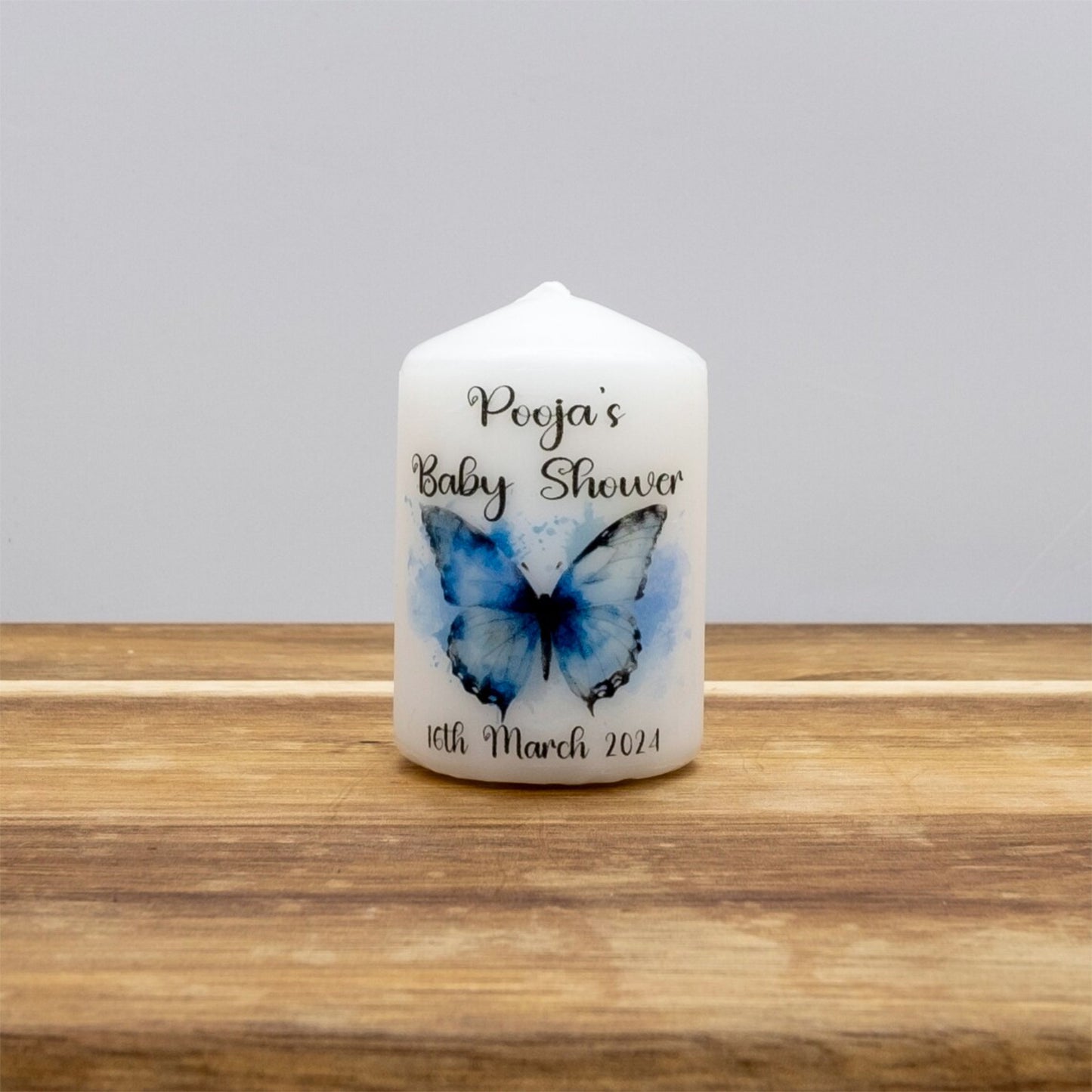 PERSONALISED PK10 BUTTERFLY BABY SHOWER 6CM FAVOUR CANDLES M009