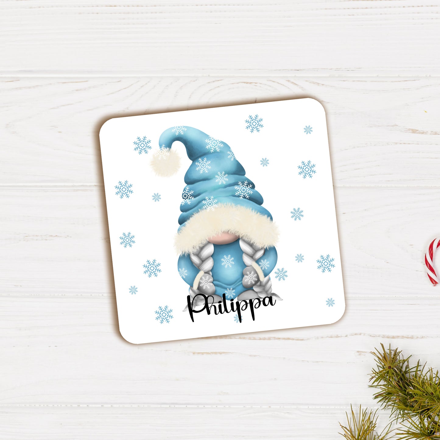 PERSONALISED BLUE GONK / GNOME CHRISTMAS COASTER