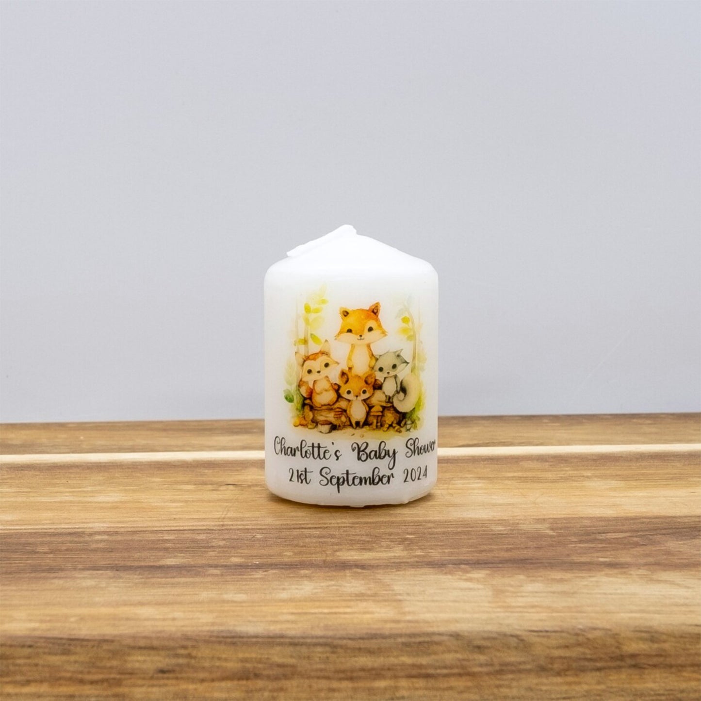 PERSONALISED 6CM RUSTIC WOODLAND ANIMALS CANDLE FAVOURS M006