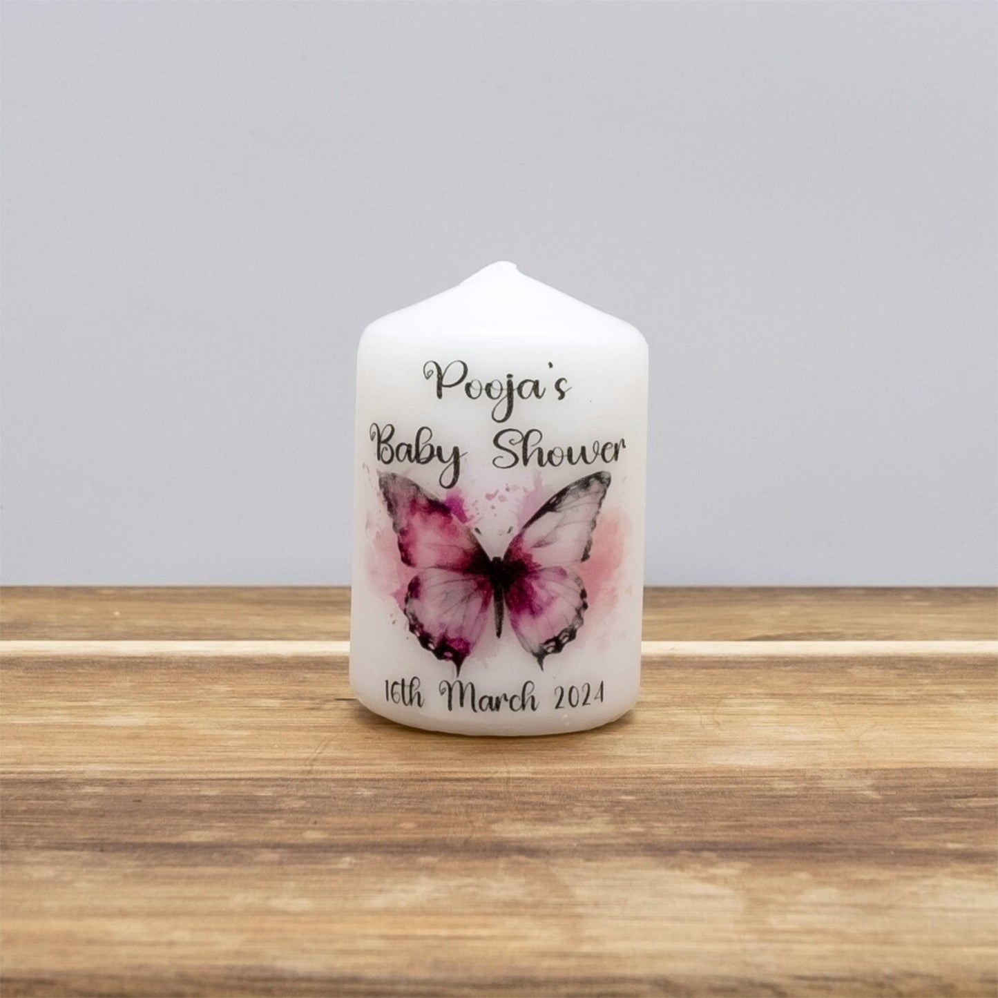 PERSONALISED PK10 BUTTERFLY BABY SHOWER 6CM FAVOUR CANDLES M009