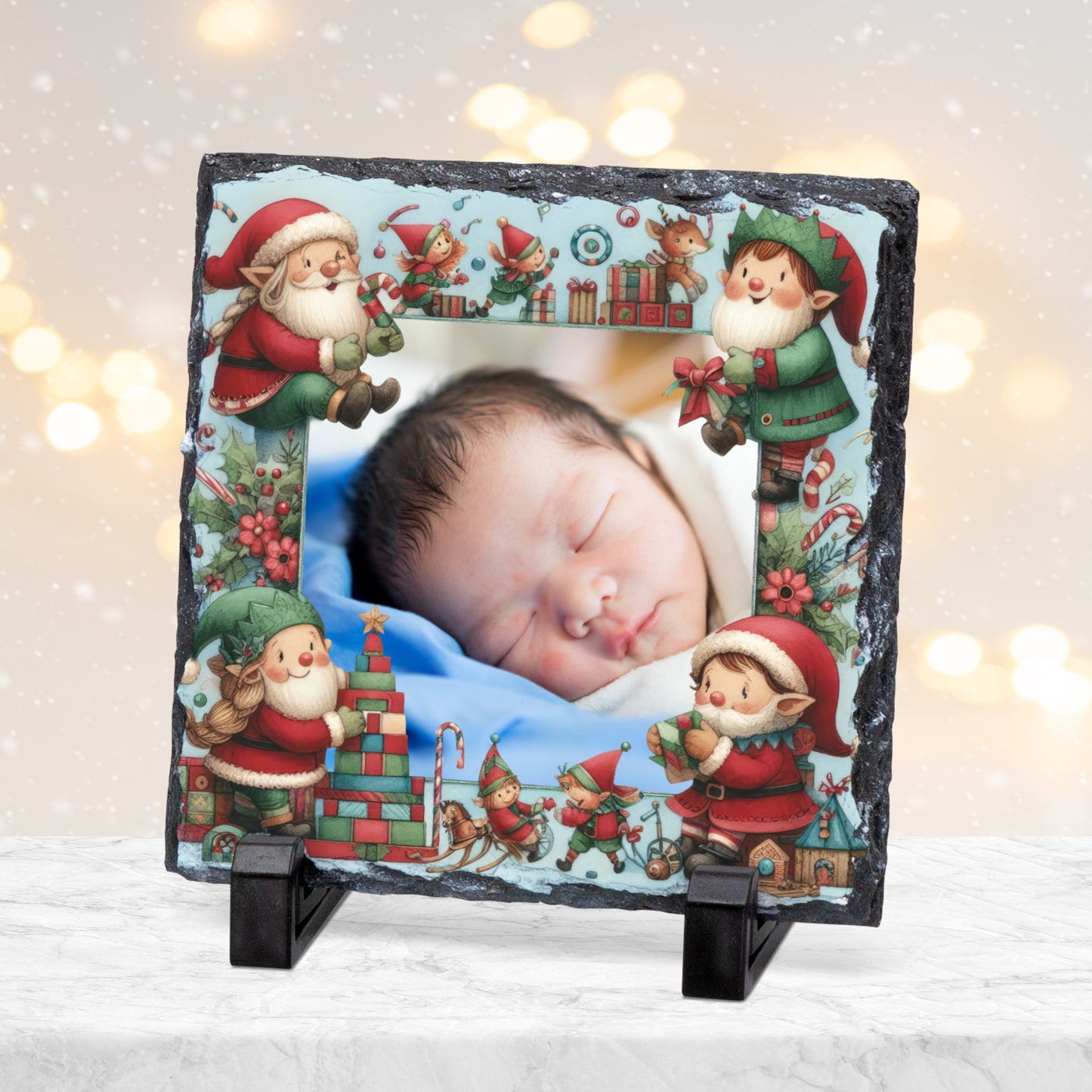 CUSTOM BLUE CHRISTMAS PHOTO SLATE 19CM x 19CM