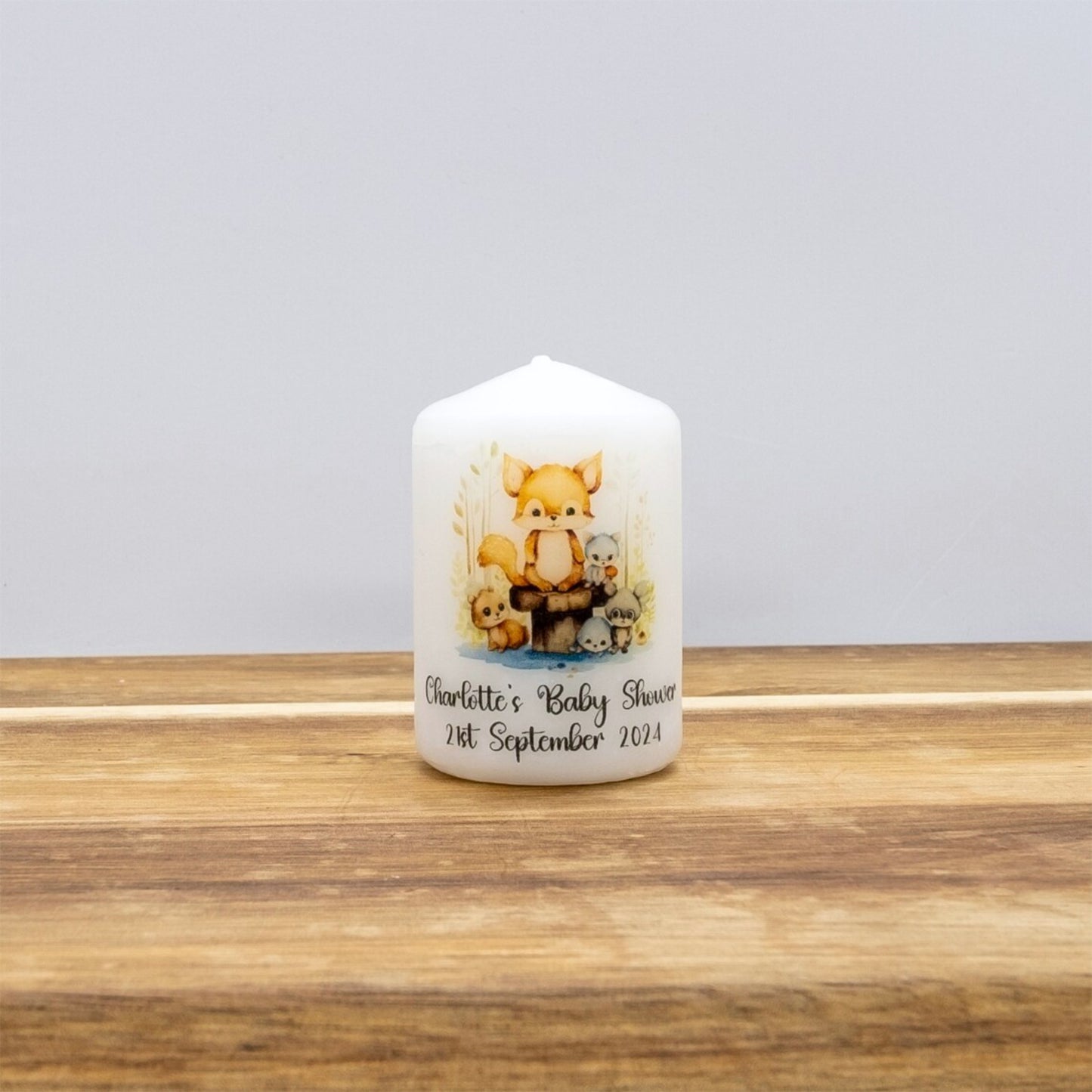 PERSONALISED 6CM RUSTIC WOODLAND ANIMALS CANDLE FAVOURS M006