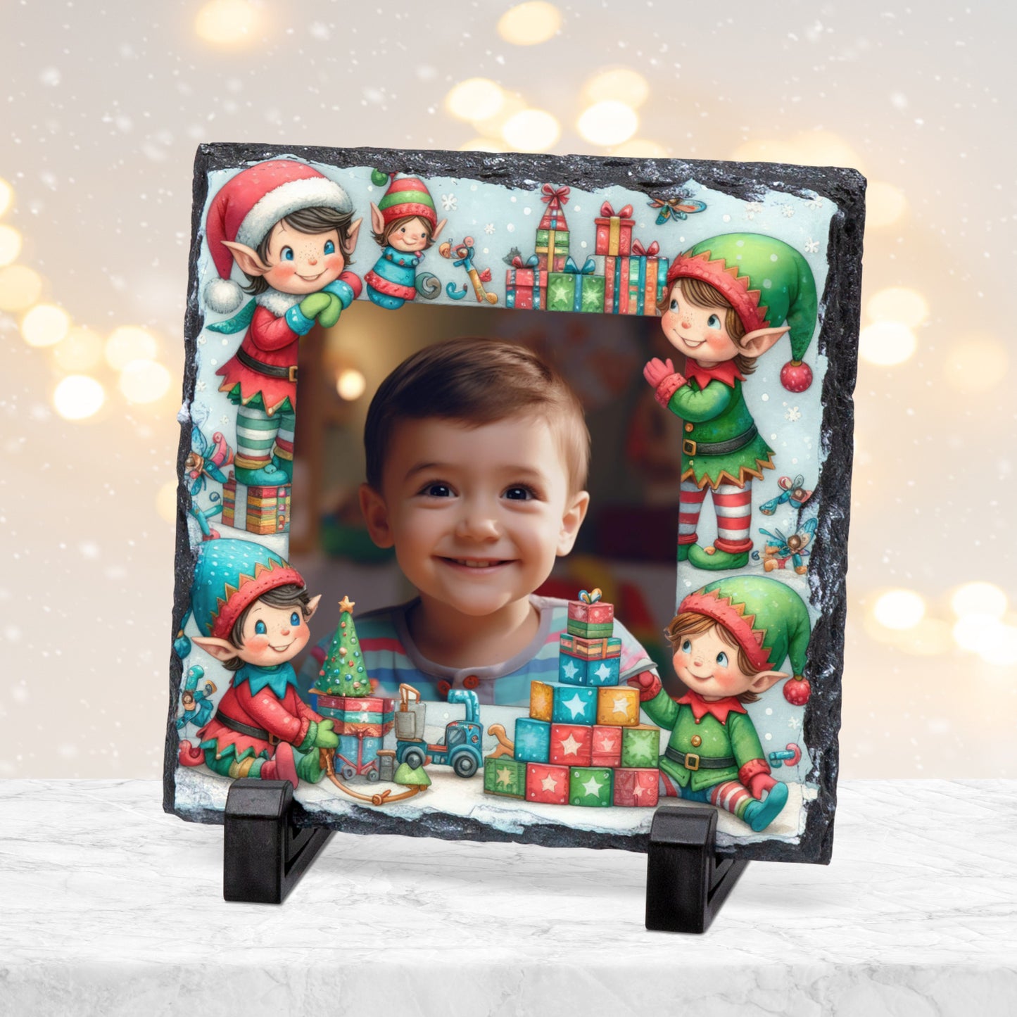 CUSTOM BLUE CHRISTMAS PHOTO SLATE 19CM x 19CM
