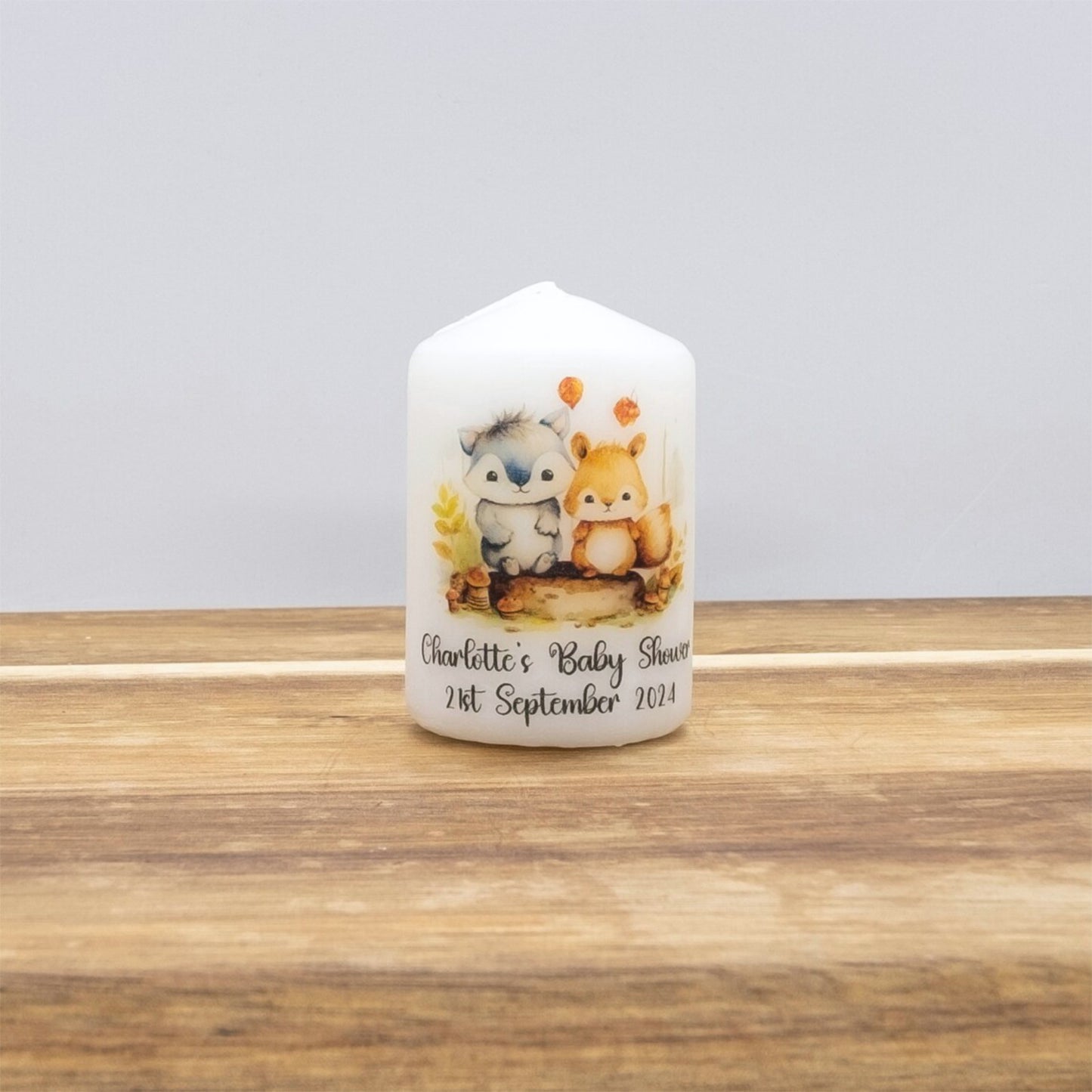 PERSONALISED 6CM RUSTIC WOODLAND ANIMALS CANDLE FAVOURS M006