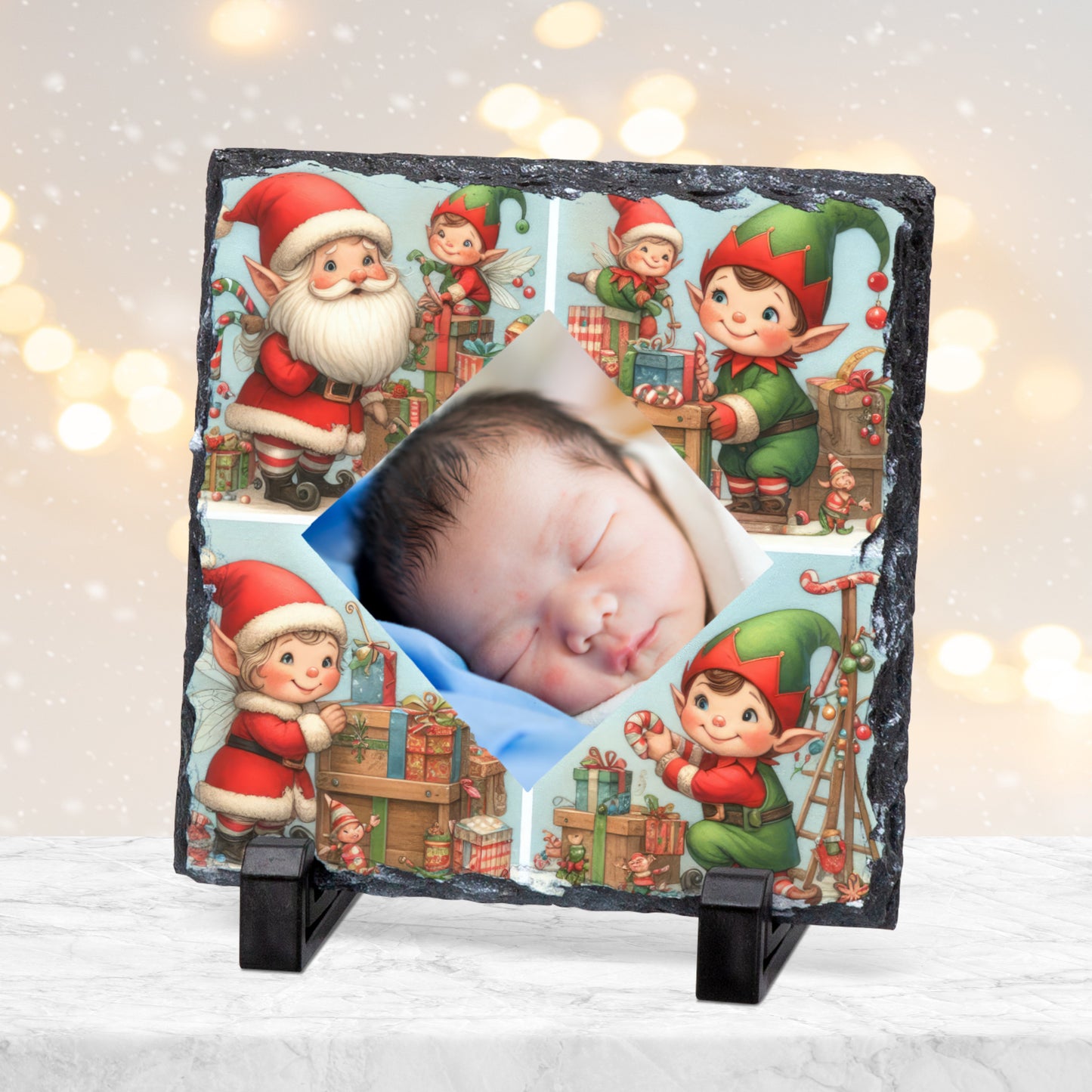 CUSTOM BLUE CHRISTMAS PHOTO SLATE 19CM x 19CM