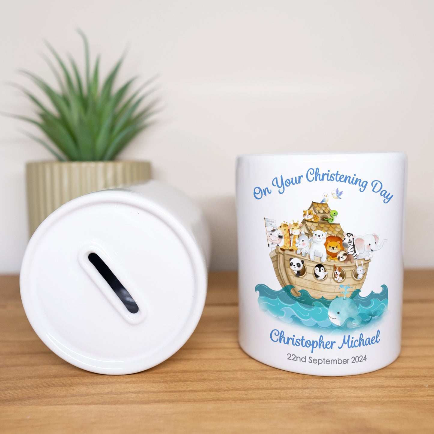 PERSONALISED BLUE NOAH'S ARC CHRISTENING CERAMIC MONEY BOX MB003
