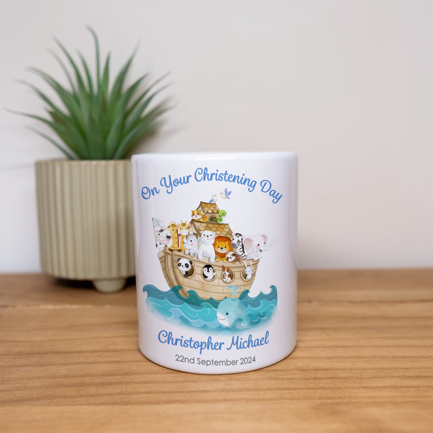 PERSONALISED BLUE NOAH'S ARC CHRISTENING CERAMIC MONEY BOX MB003