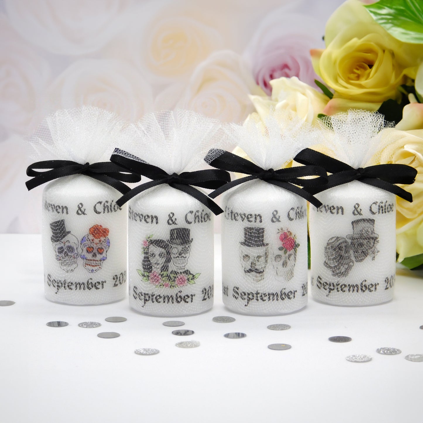 PERSONALISED GOTHIC WEDDING CANDLE FAVOURS, CHOICE OF RIBBON COLOURS - PK 10