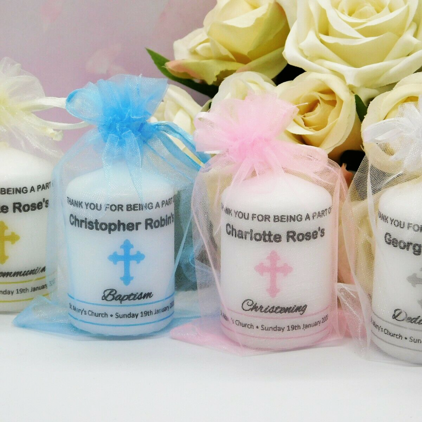 PERSONALISED PK10 6CM CHRISTENING CANDLE FAVOURS M015